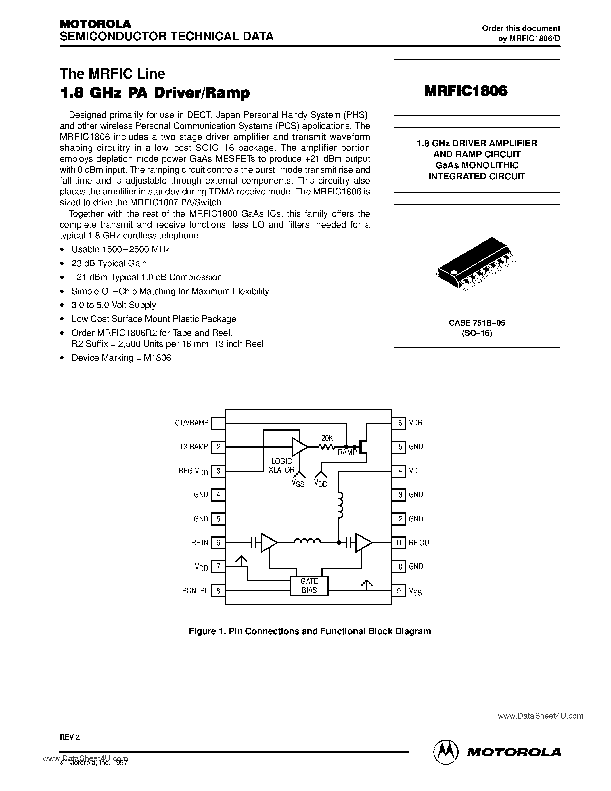 Datasheet MRFIC1806 - 1.8 GHz DRIVER AMPLIFIER AND RAMP CIRCUIT GaAs MONOLITHIC INTEGRATED CIRCUIT page 1