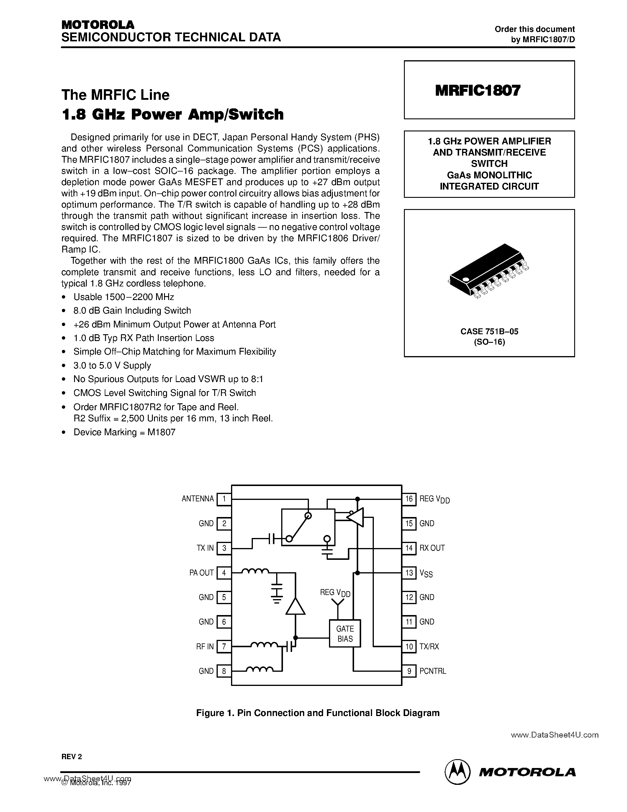 Datasheet MRFIC1807 - 1.8 GHz POWER AMPLIFIER AND TRANSMIT/RECEIVE SWITCH GaAs MONOLITHIC INTEGRATED CIRCUIT page 1