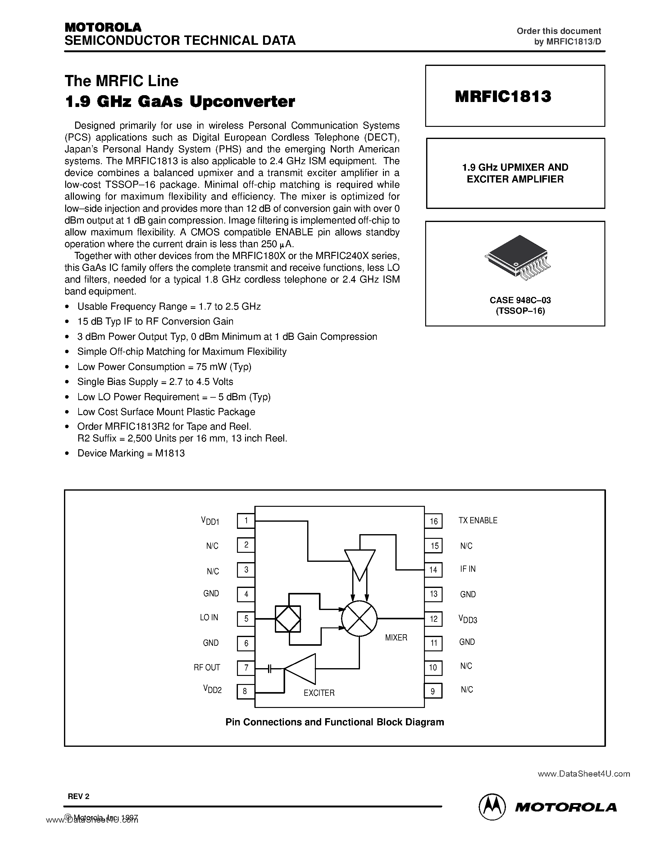 Datasheet MRFIC1813 - 1.9 GHz UPMIXER AND EXCITER AMPLIFIER page 1