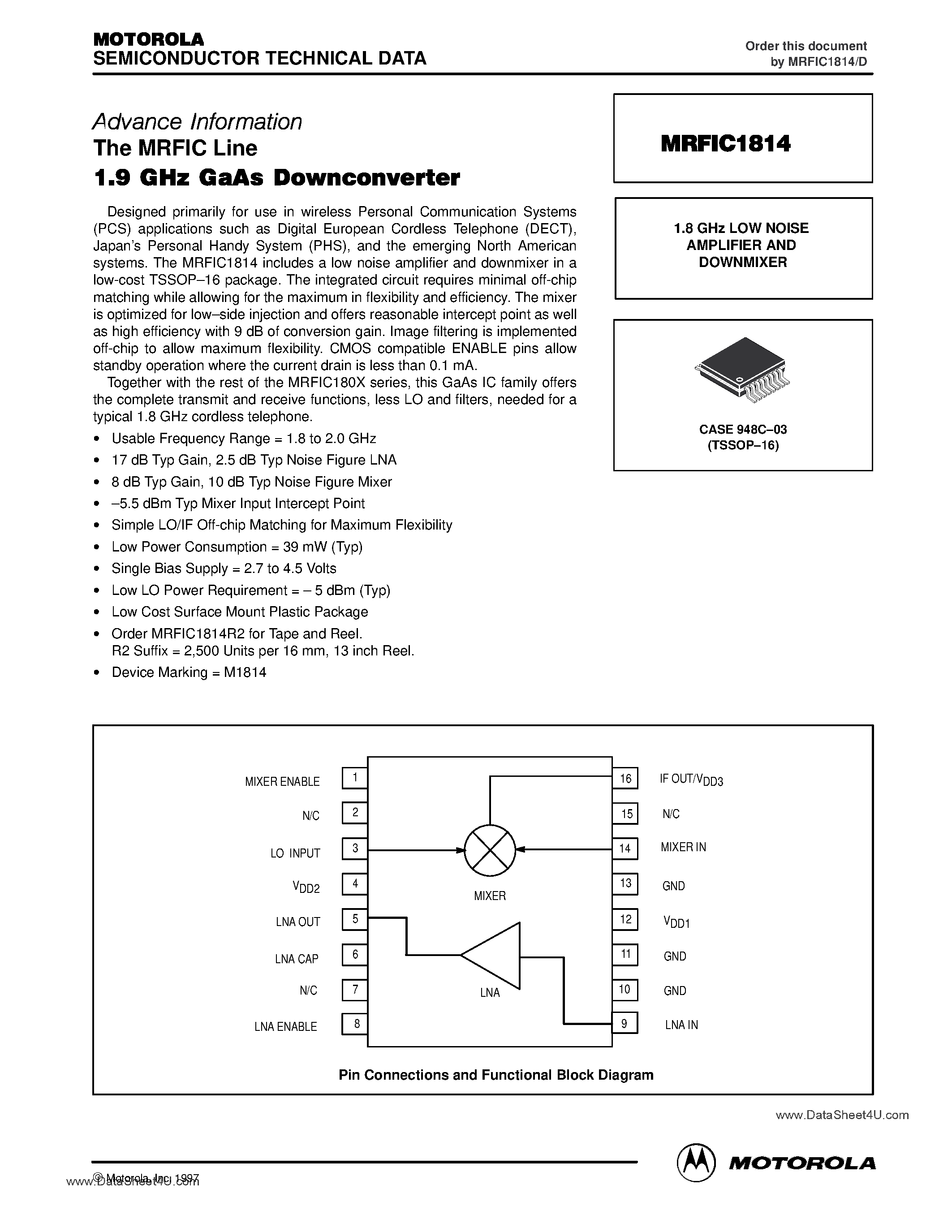 Datasheet MRFIC1814 - 1.8 GHz LOW NOISE AMPLIFIER AND DOWNMIXER page 1