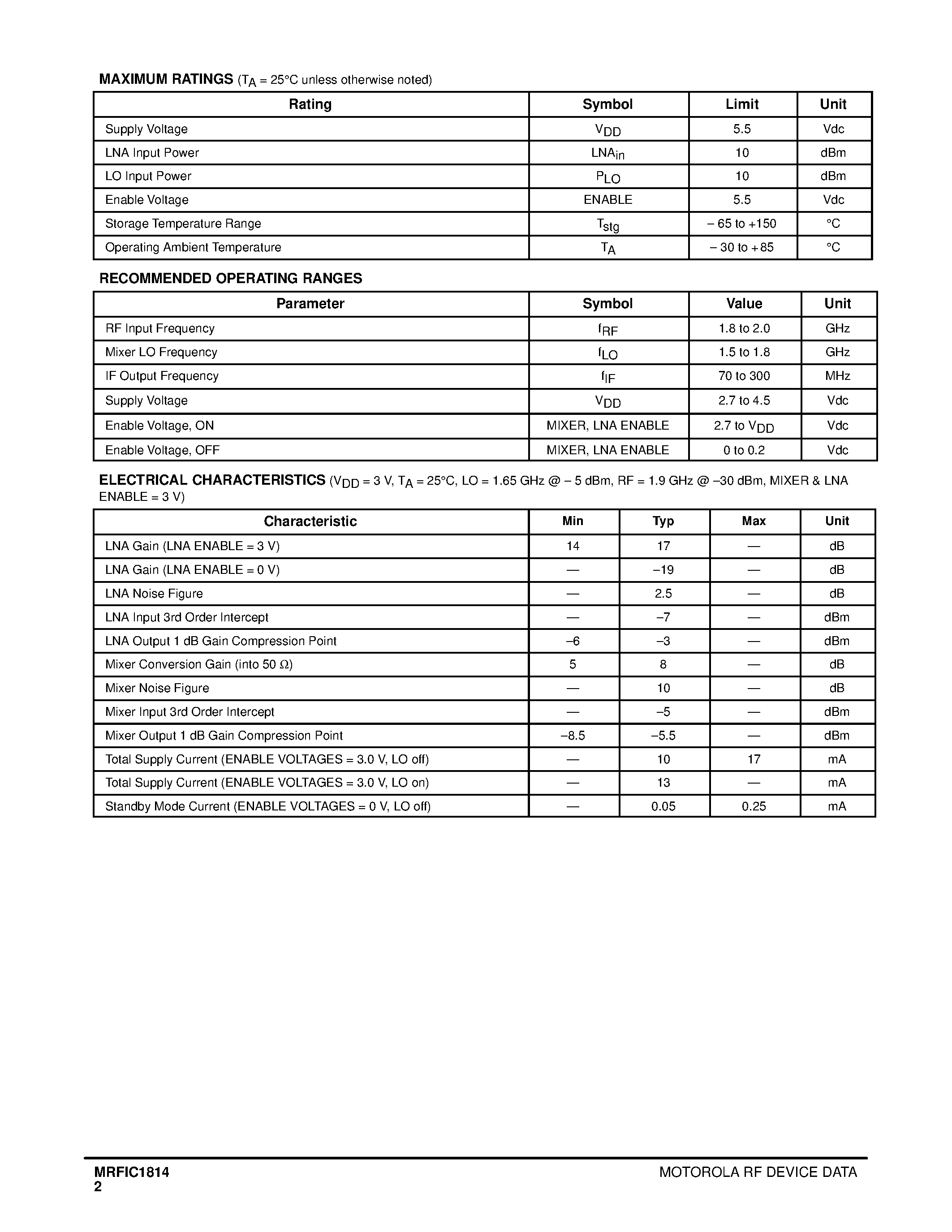 Datasheet MRFIC1814 - 1.8 GHz LOW NOISE AMPLIFIER AND DOWNMIXER page 2