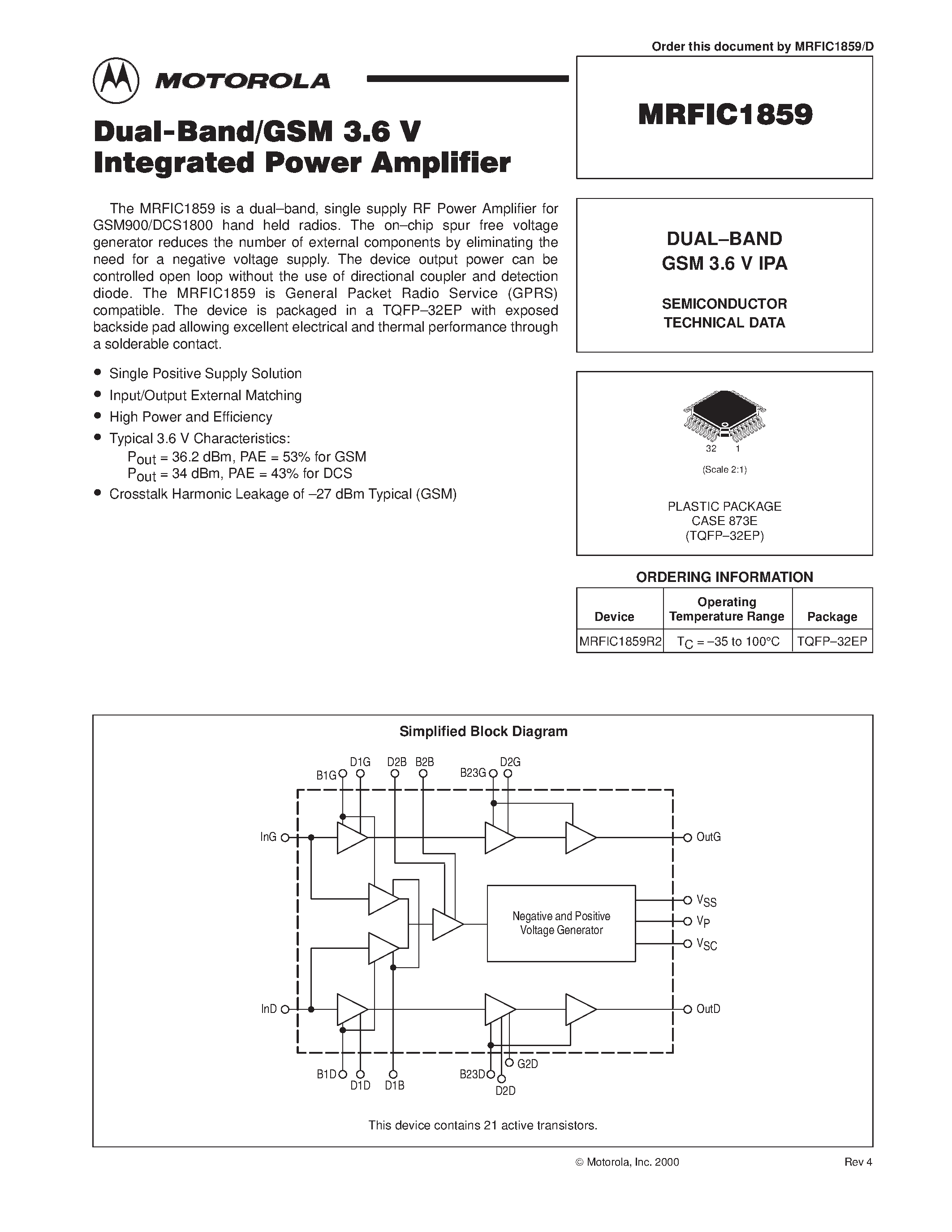 Datasheet MRFIC1859 - Dual Band / GSM 3.6V Integrated Power Amplifier page 1