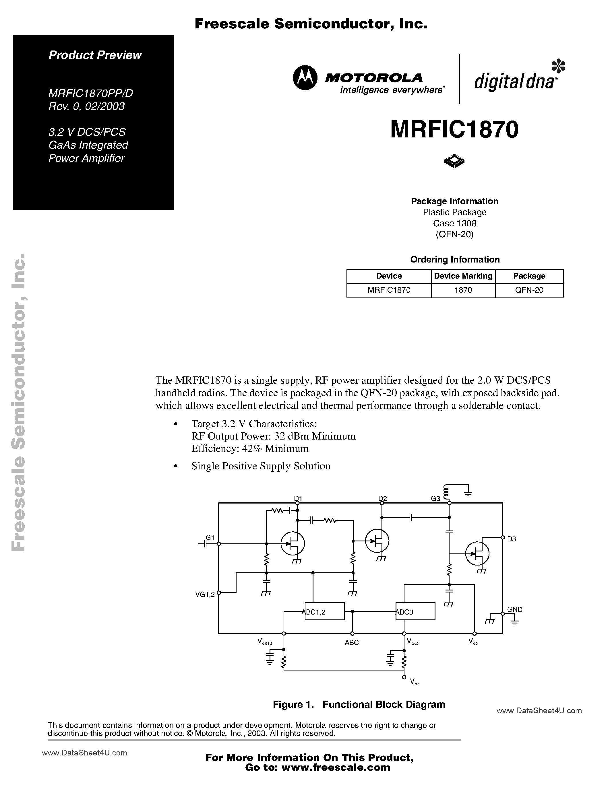 Даташит MRFIC1870 - 3.2 V DCS/PCS GaAs Integrated Power Amplifier страница 1