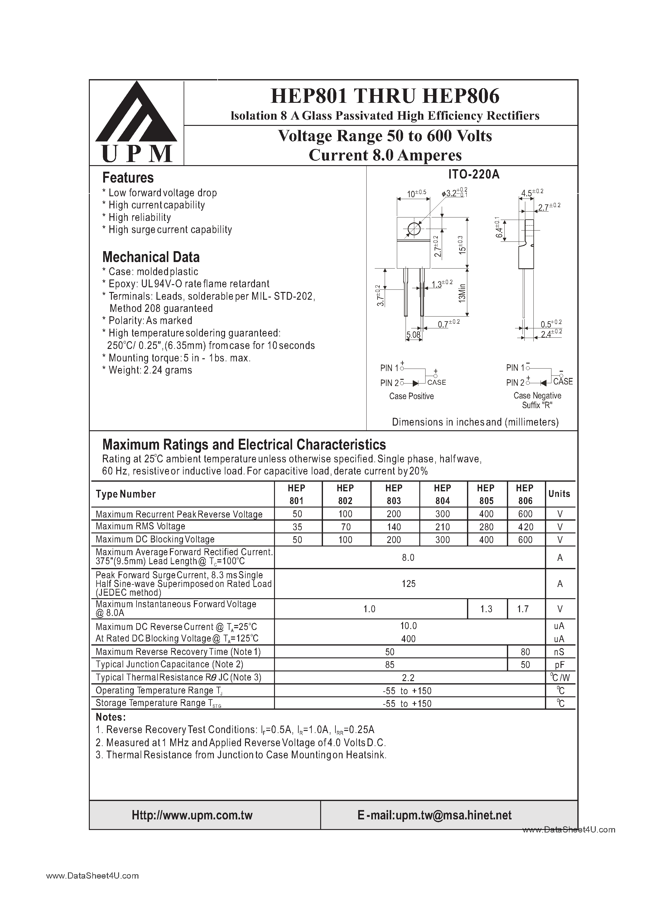 Datasheet HEP801 page 1 Datasheet HEP801 - (HEP801 - HEP806) CURRENT 8.0 AMPERES VOLTAGE 50 TO 600 VOLTS page 1