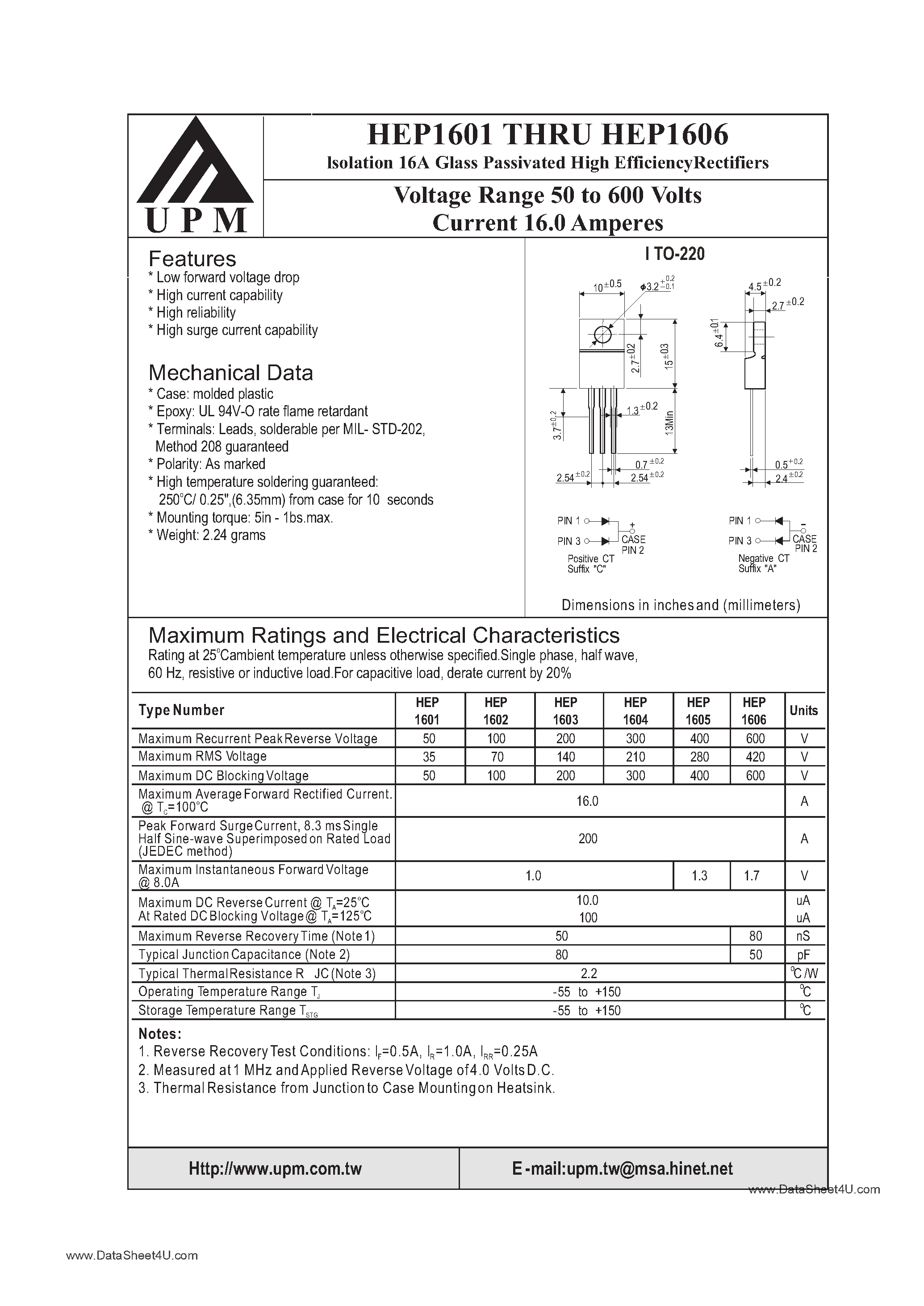 Datasheet HEP1602 page 1 Datasheet HEP1602 - (HEP1601 - HEP1606) CURRENT 16.0 AMPERES VOLTAGE 50 TO 600 VOLTS page 1