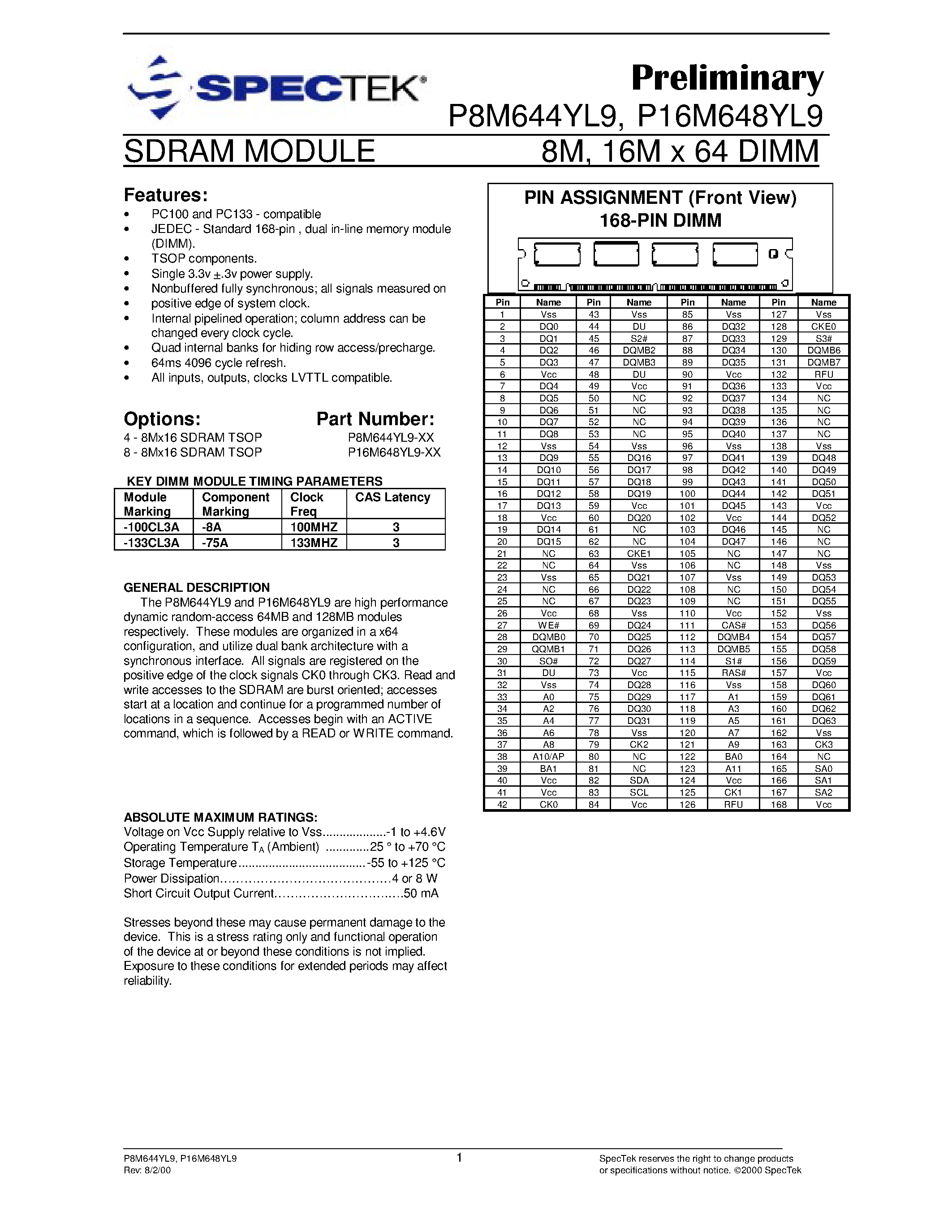 Datasheet P8M644YL9 - (P8M644YL9 / P8M648YL9) 8M/16M x 64 DIMM SDRAM Module page 1