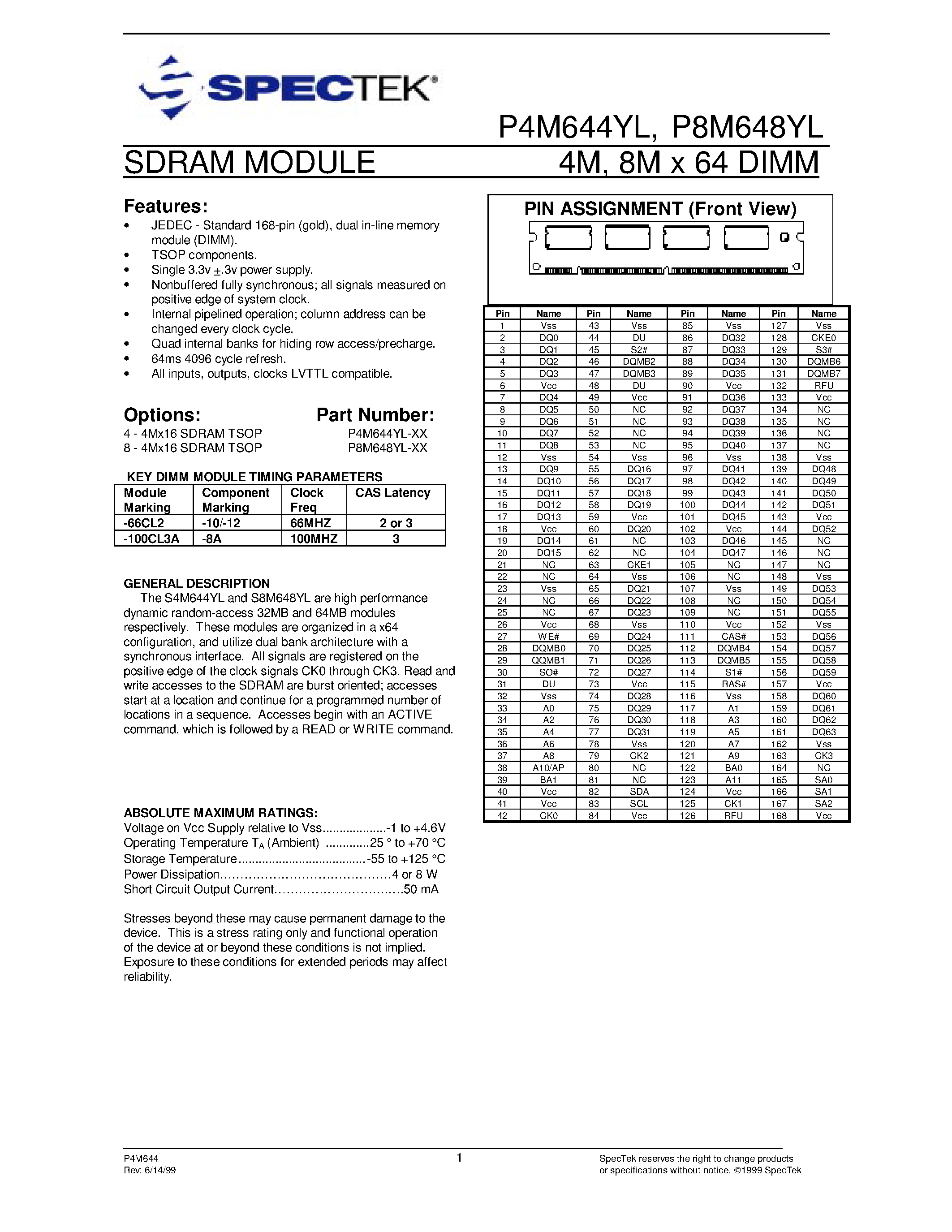 Datasheet P8M644YL page 1 Datasheet P8M644YL - (P8M644YL / P8M648YL) 4M/8M x 64 DIMM SDRAM Module page 1