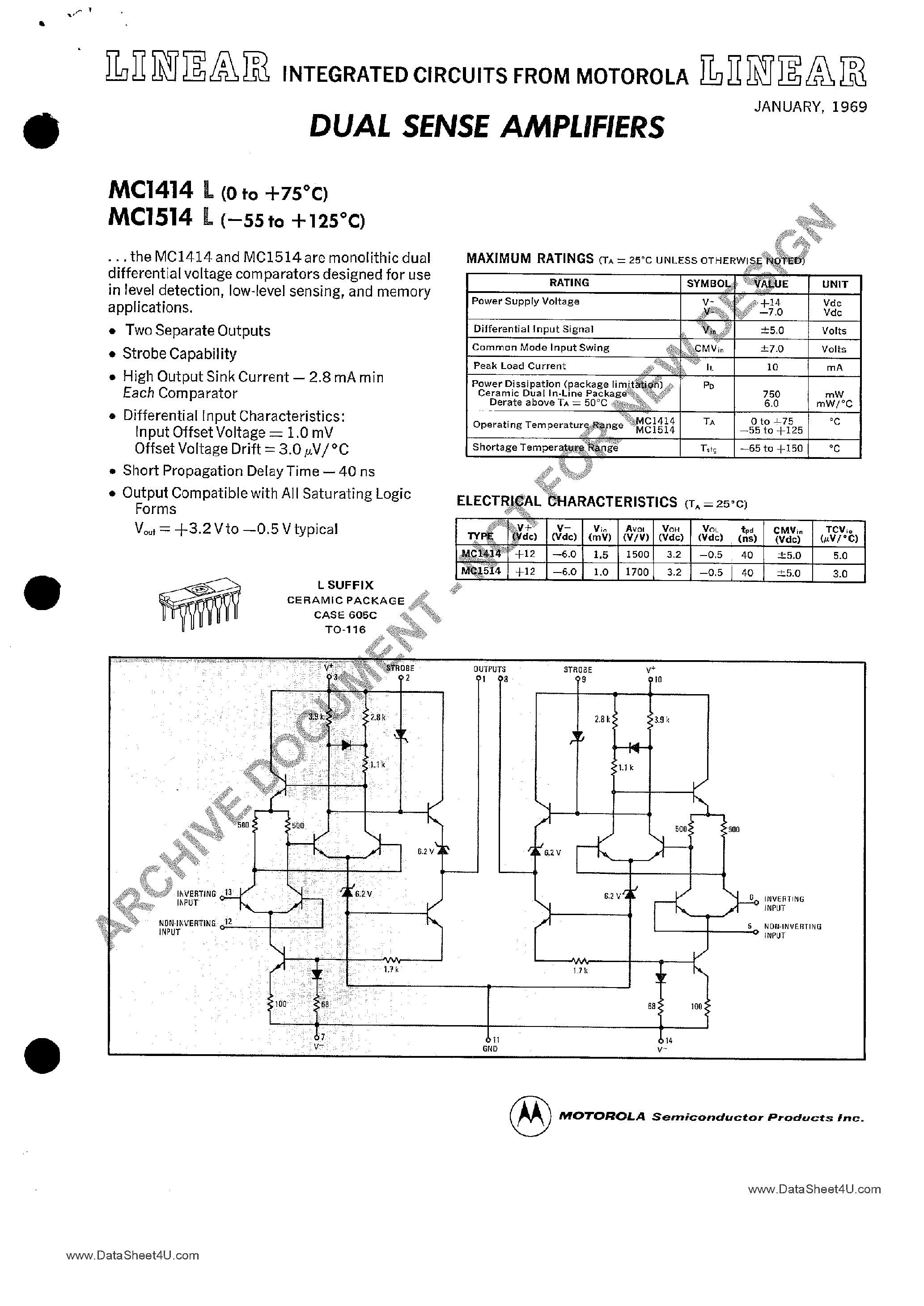 Datasheet MC1414 - (MC1xxx) Dual Sense Amplifiers page 1