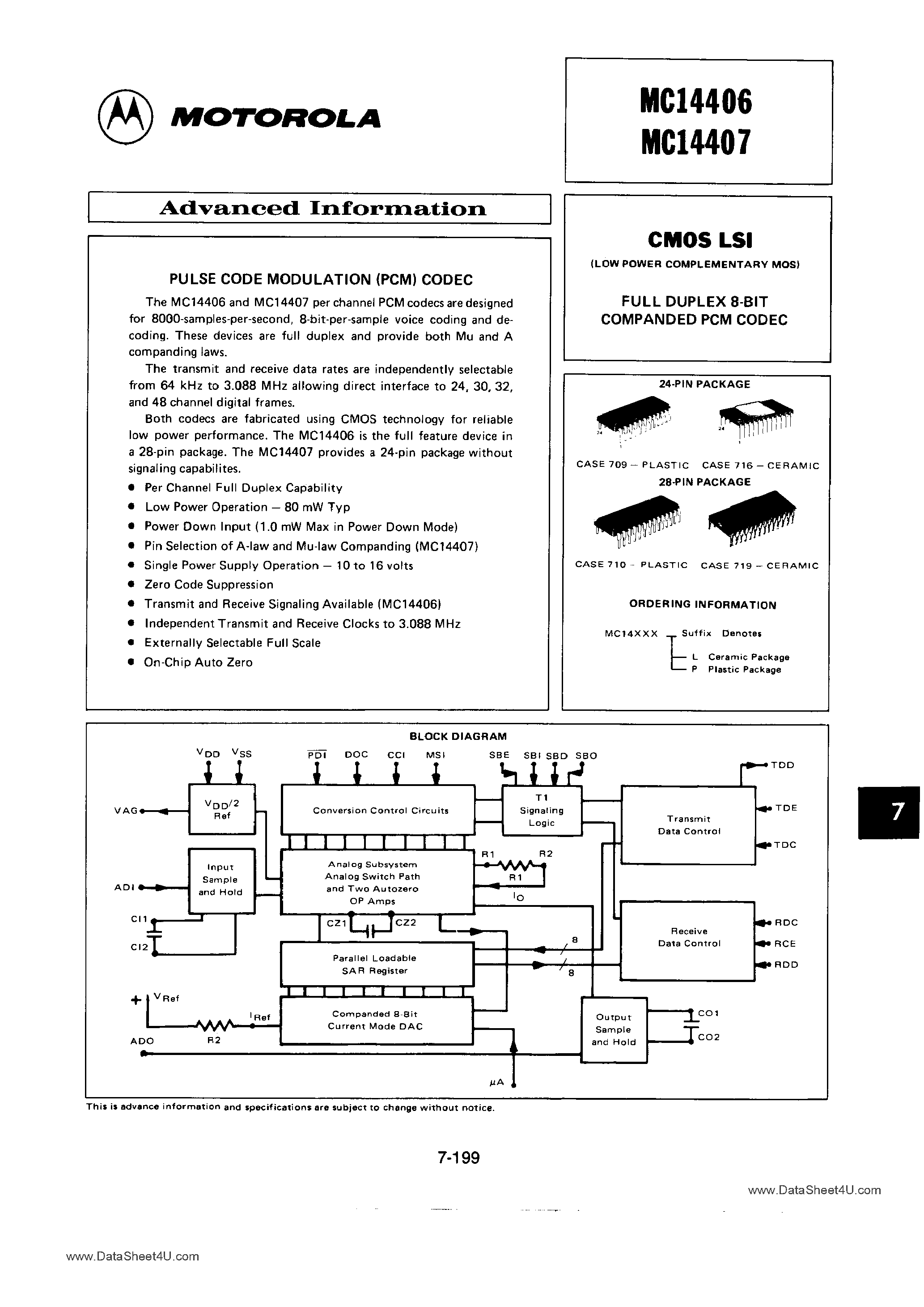 Datasheet MC14406 page 1 Datasheet MC14406 - (MC14406 / MC14407) FULL DUPLEX 8-BIT COMPANDED PCM CODEC page 1