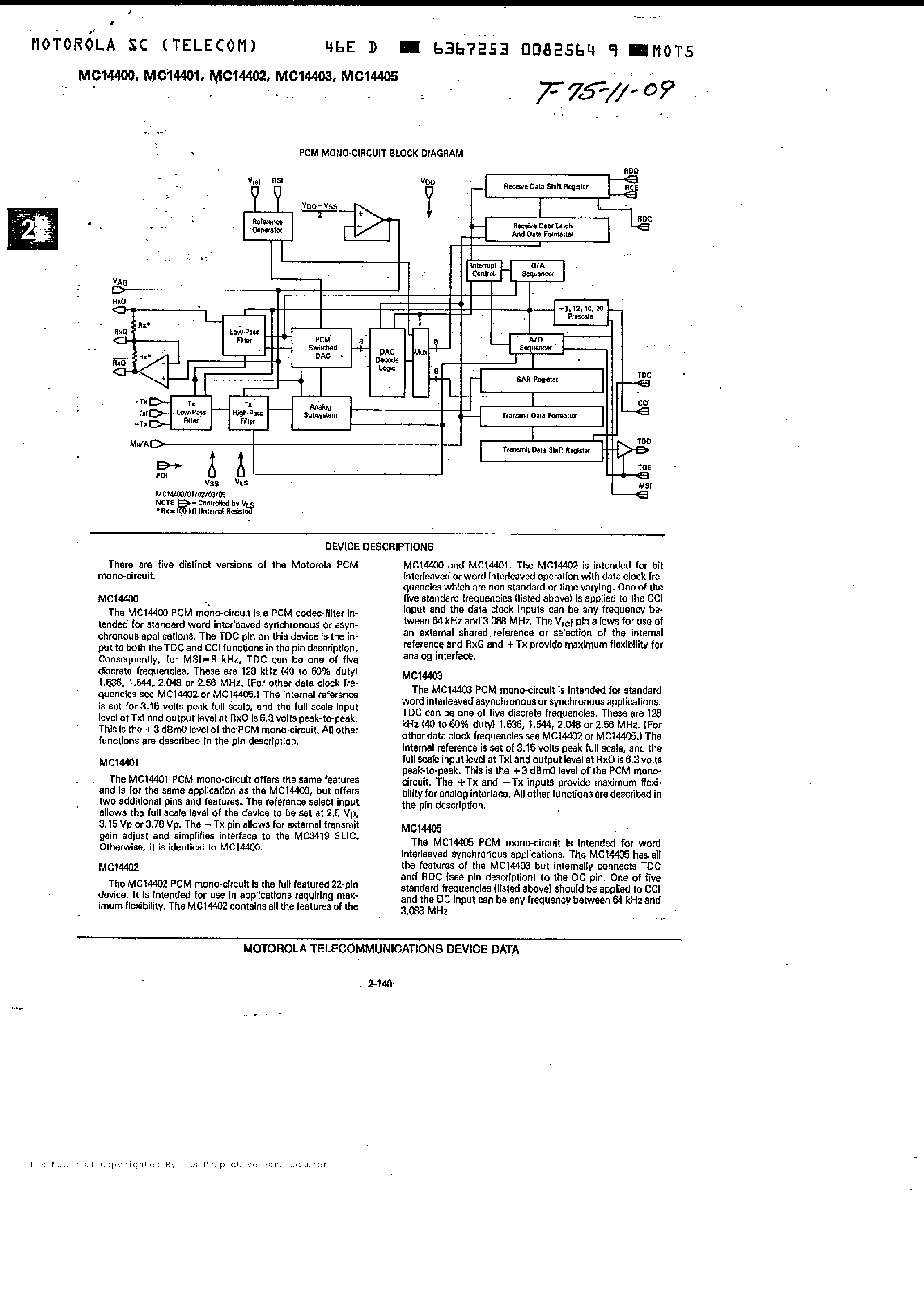 Даташит MC14401 - (MC14400 - MC14405) CODEC Filter PCM Mono Circuit страница 2