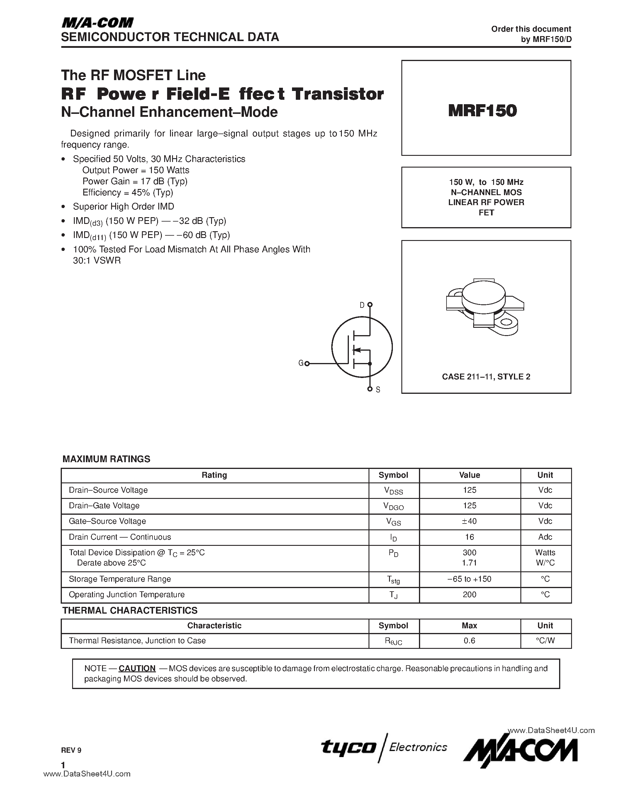 Datasheet MRF150 - N-CHANNEL MOS LINEAR RF POWER FET page 1