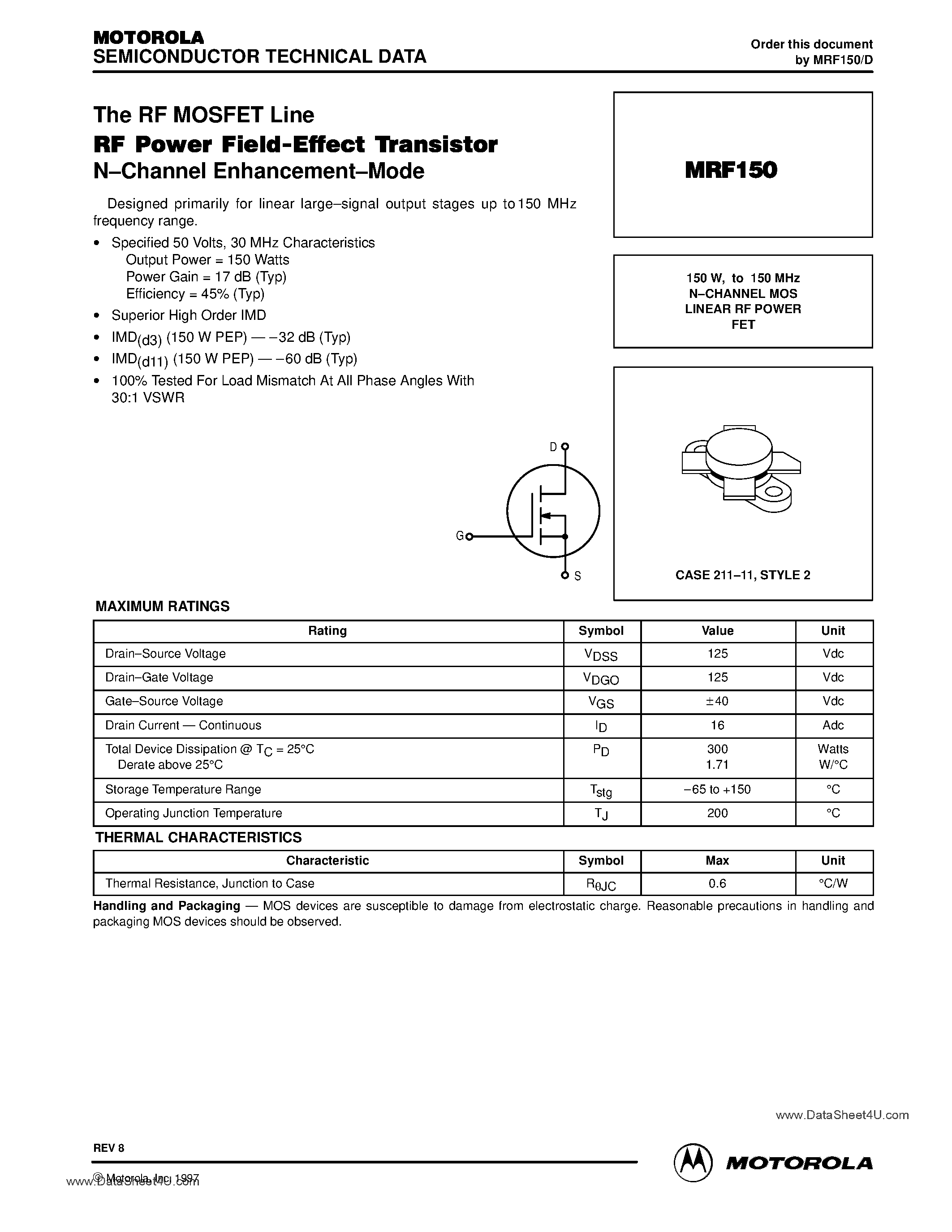 Datasheet MRF150 - N-CHANNEL MOS LINEAR RF POWER FET page 1