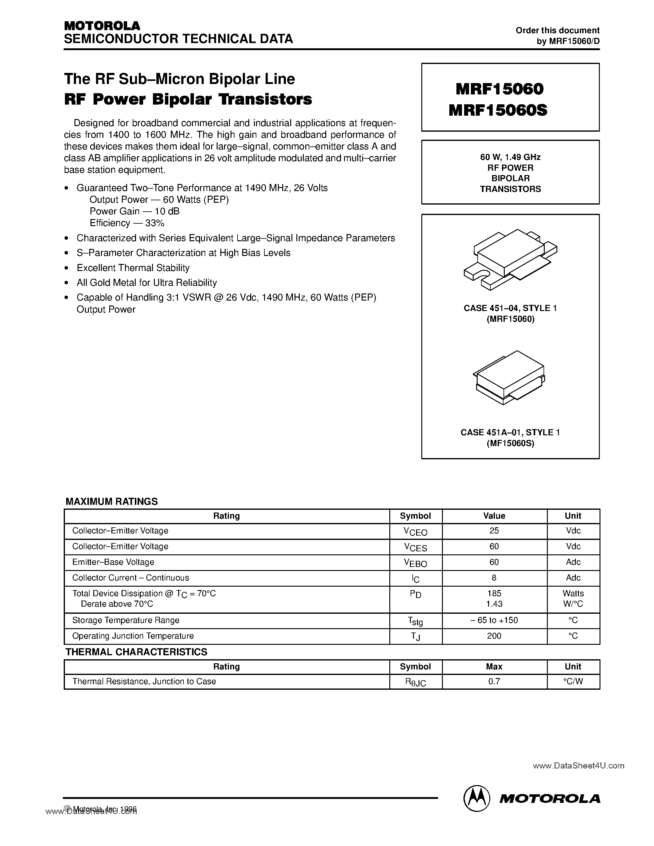 Datasheet MRF15060 page 1 Datasheet MRF15060 - RF POWER BIPOLAR TRANSISTORS page 1