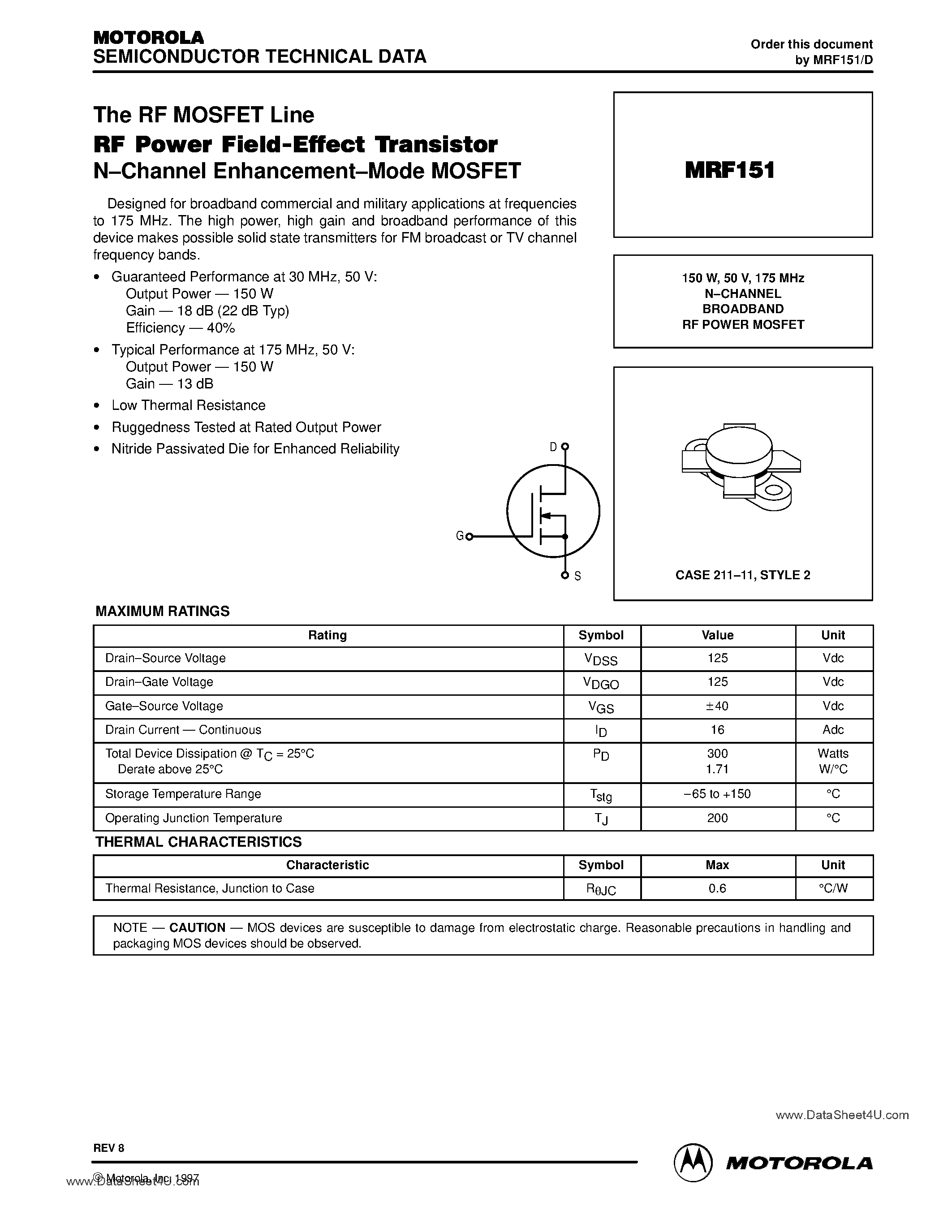 Datasheet MRF151 - N-CHANNEL BROADBAND RF POWER MOSFET page 1