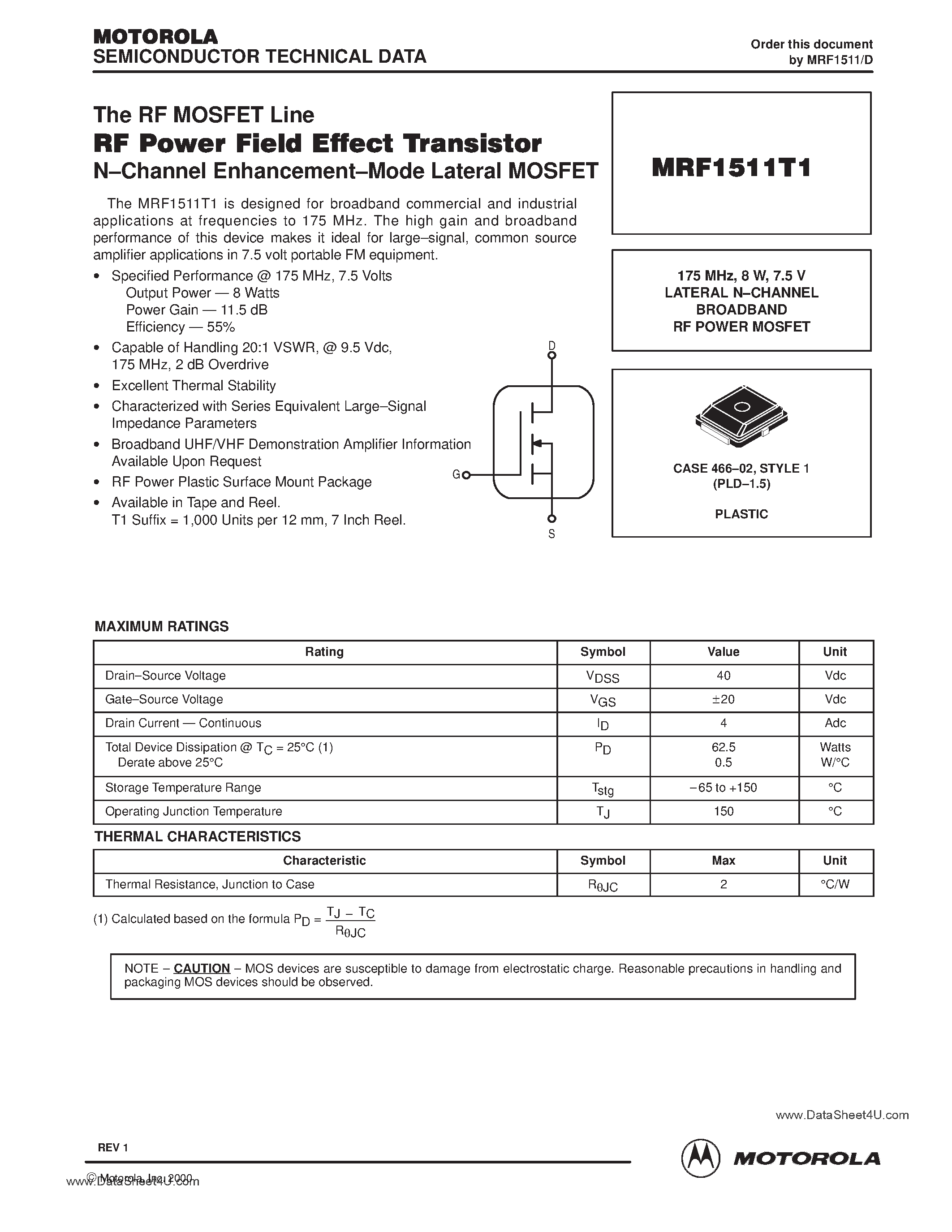 Datasheet MRF1511T1 - RF POWER FIELD EFFECT TRANSISTORS N-CHANNEL ENHANCEMENT-MODE LATERAL MOSFET page 1