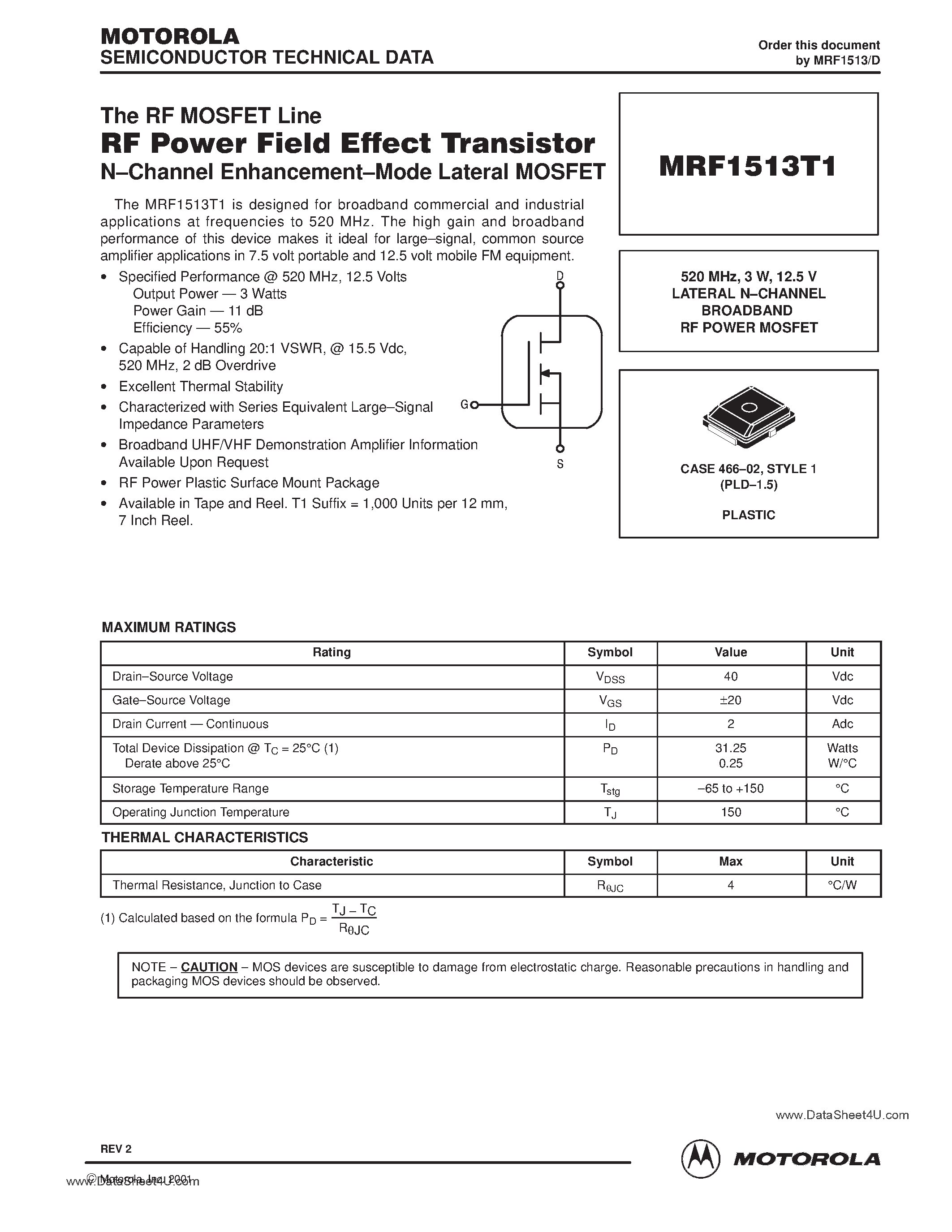 Datasheet MRF1513T1 - RF POWER FIELD EFFECT TRANSISTORS N-CHANNEL ENHANCEMENT-MODE LATERAL MOSFET page 1