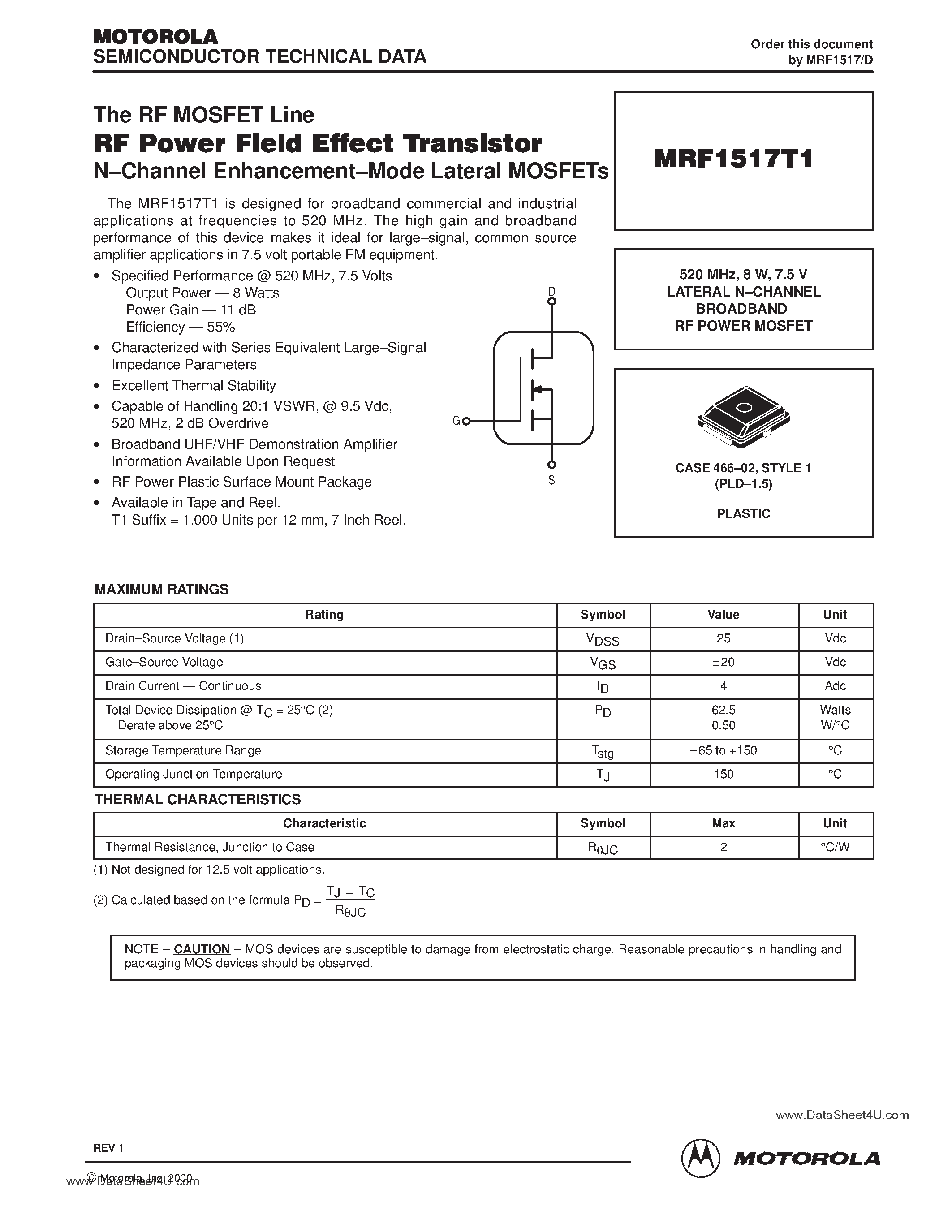 Datasheet MRF1517T1 - RF POWER FIELD EFFECT TRANSISTORS N-CHANNEL ENHANCEMENT-MODE LATERAL MOSFET page 1