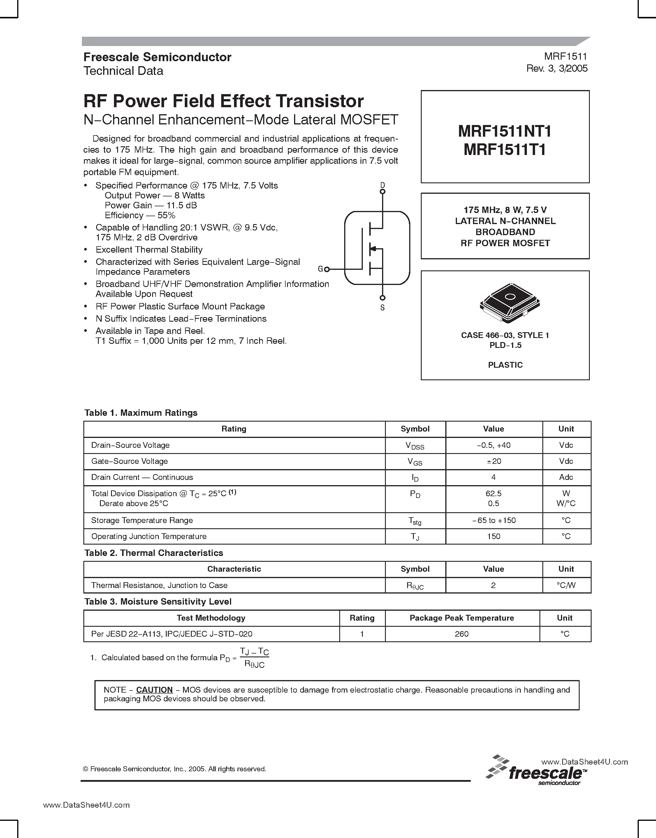 Datasheet MRF1511NT1 - RF POWER FIELD EFFECT TRANSISTORS N-CHANNEL ENHANCEMENT-MODE LATERAL MOSFET page 1