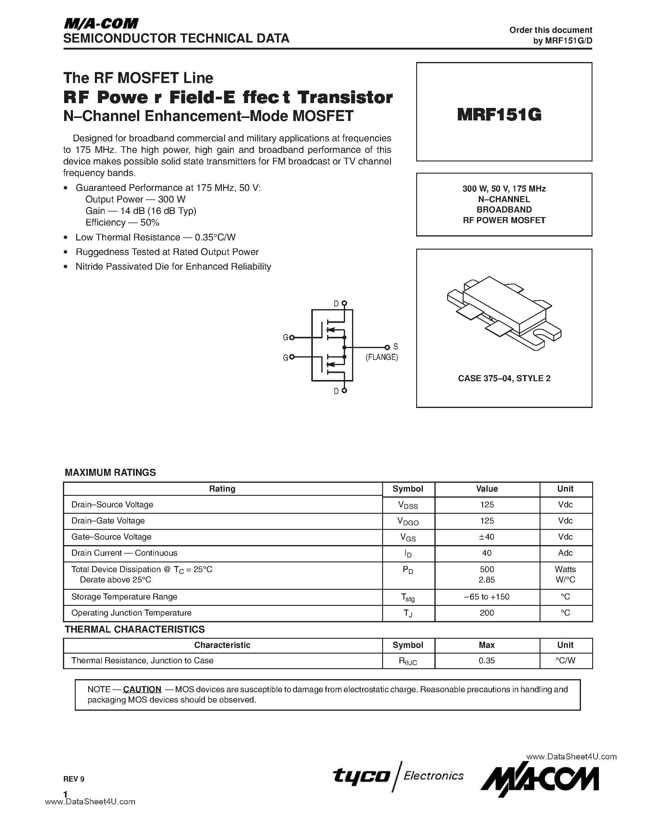 Datasheet MRF151G - N-CHANNEL BROADBAND RF POWER MOSFET page 1
