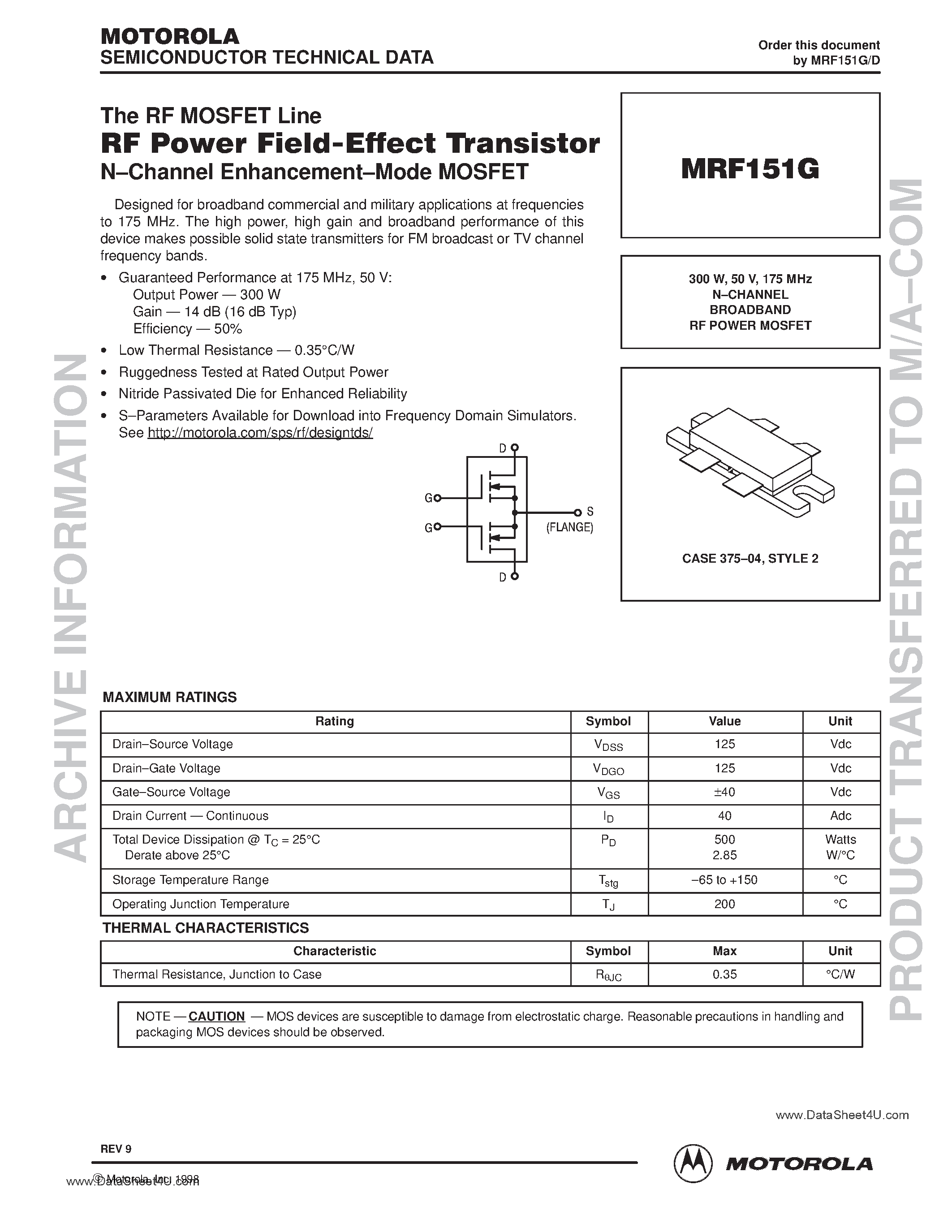 Datasheet MRF151G - N-CHANNEL BROADBAND RF POWER MOSFET page 1