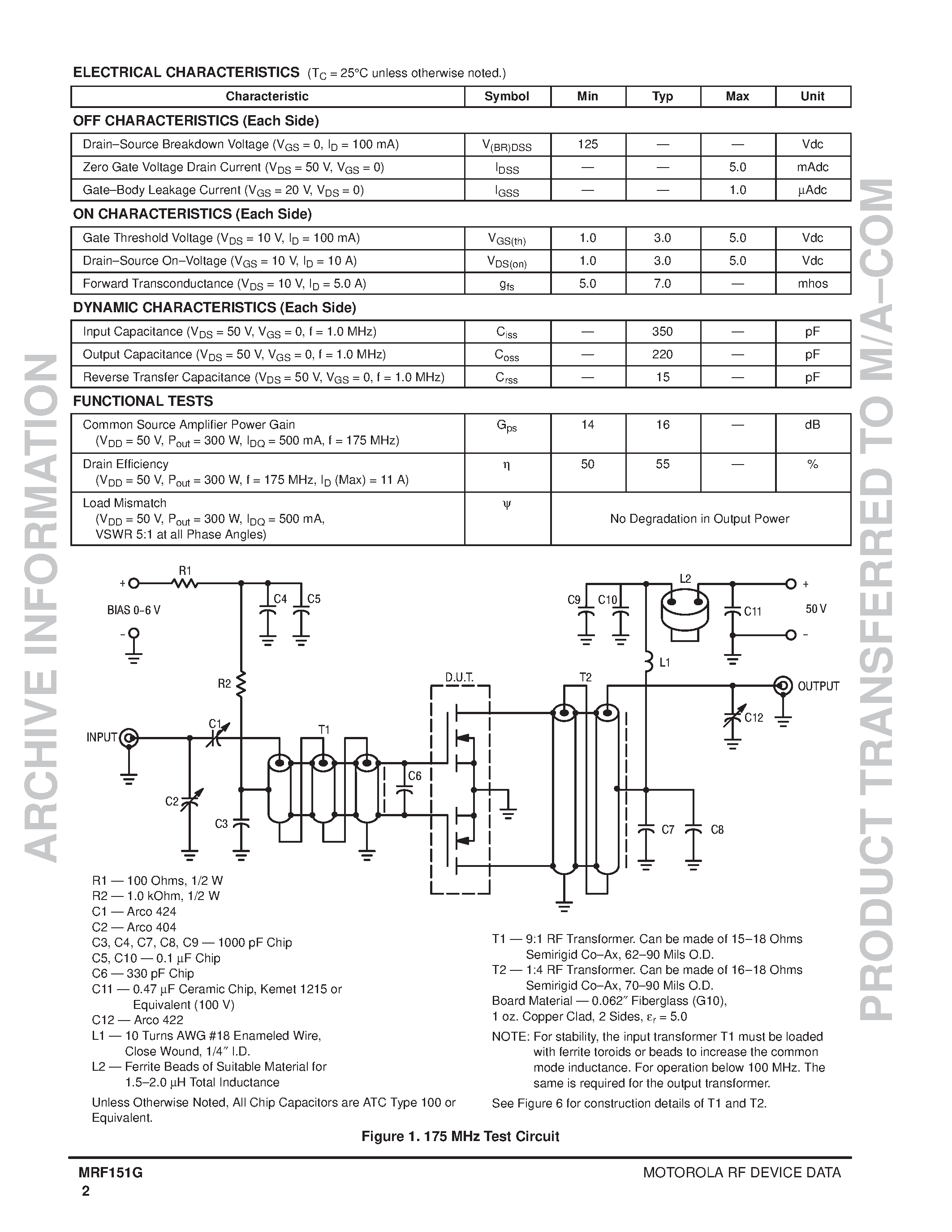 Datasheet MRF151G - N-CHANNEL BROADBAND RF POWER MOSFET page 2