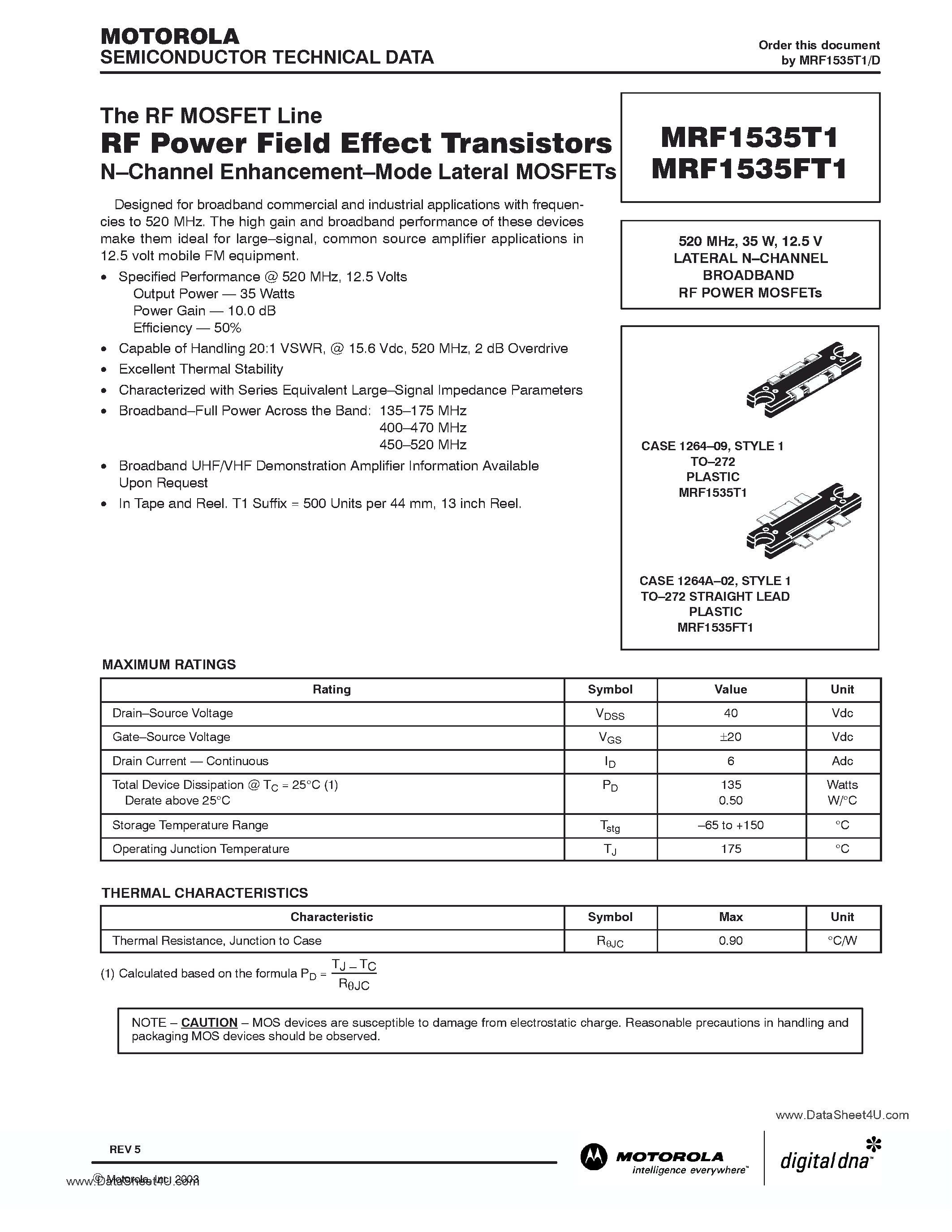 Datasheet MRF1535FT1 page 1 Datasheet MRF1535FT1 - RF Power Field Effect Transistors page 1