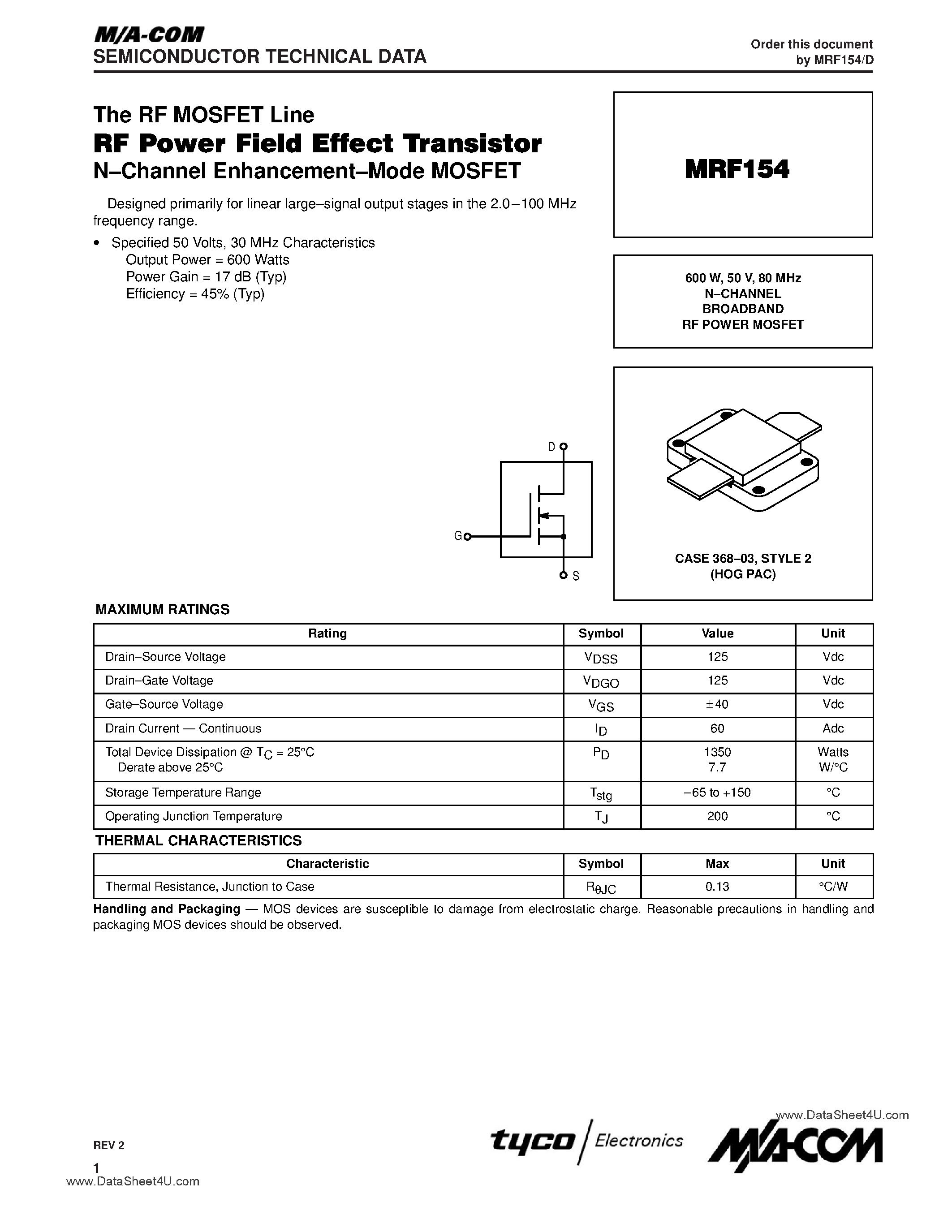 Datasheet MRF154 - N-CHANNEL BROADBAND RF POWER MOSFET page 1