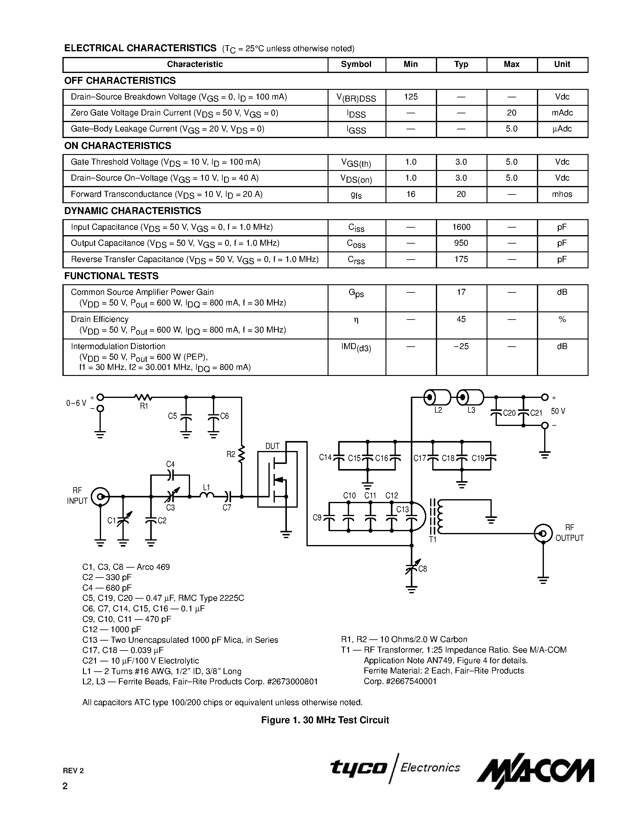 Datasheet MRF154 - N-CHANNEL BROADBAND RF POWER MOSFET page 2