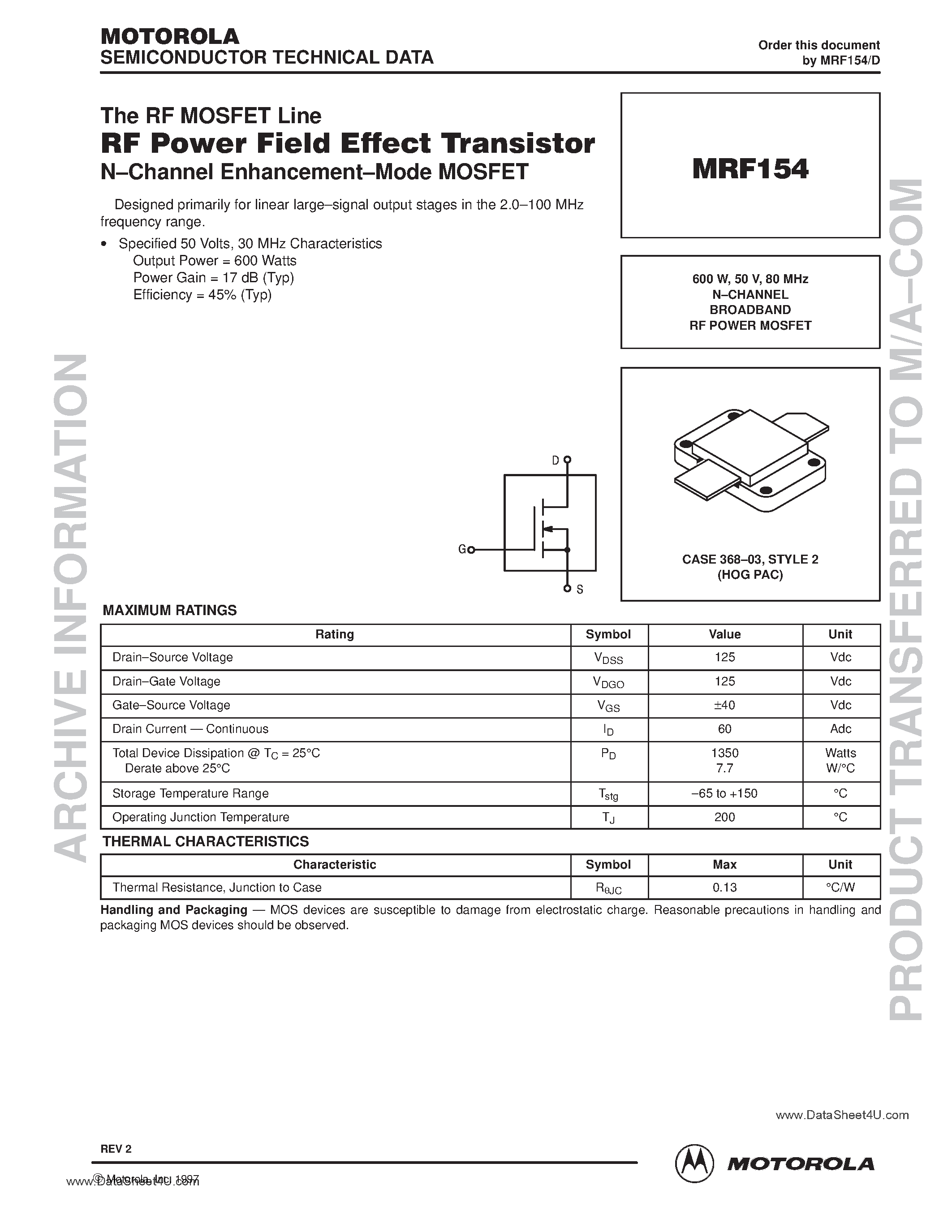Datasheet MRF154 - N-CHANNEL BROADBAND RF POWER MOSFET page 1