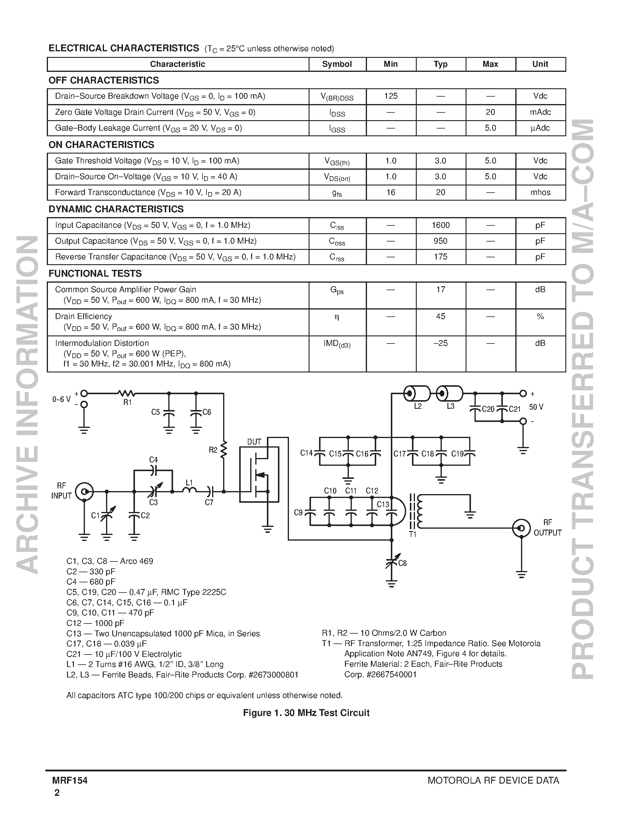 Datasheet MRF154 - N-CHANNEL BROADBAND RF POWER MOSFET page 2