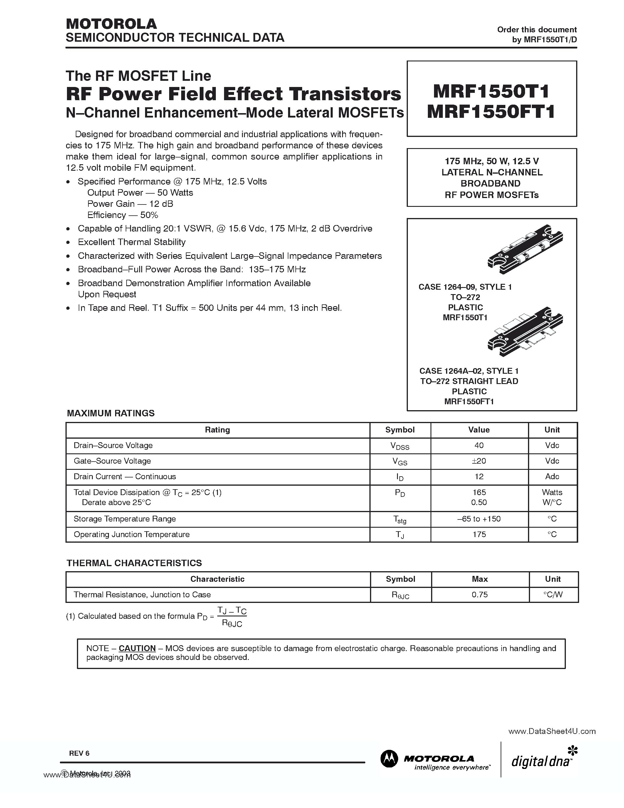Datasheet MRF1550FT1 page 1 Datasheet MRF1550FT1 - RF POWER FIELD EFFECT TRANSISTORS page 1