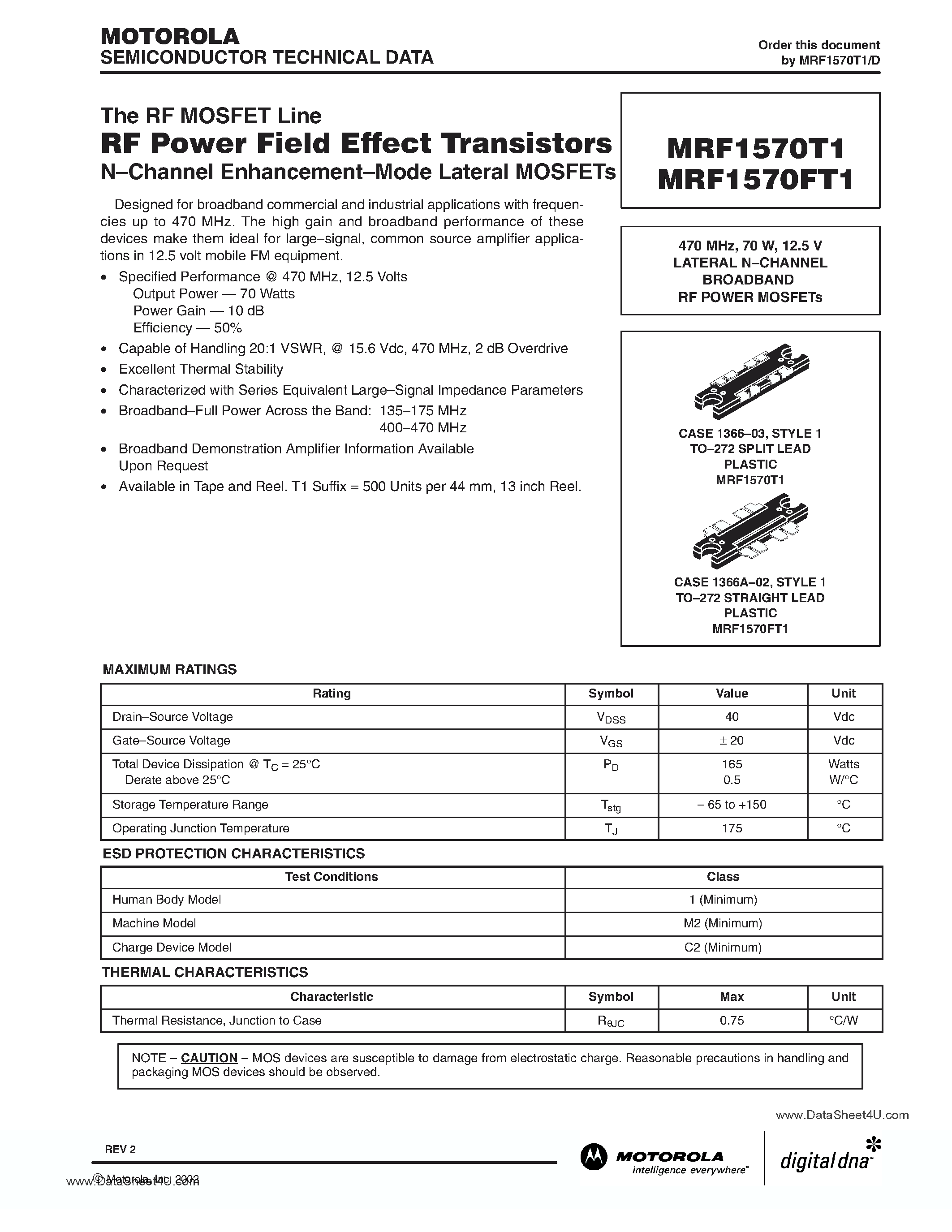 Datasheet MRF1570FT1 page 1 Datasheet MRF1570FT1 - RF Power Field Effect Transistors page 1