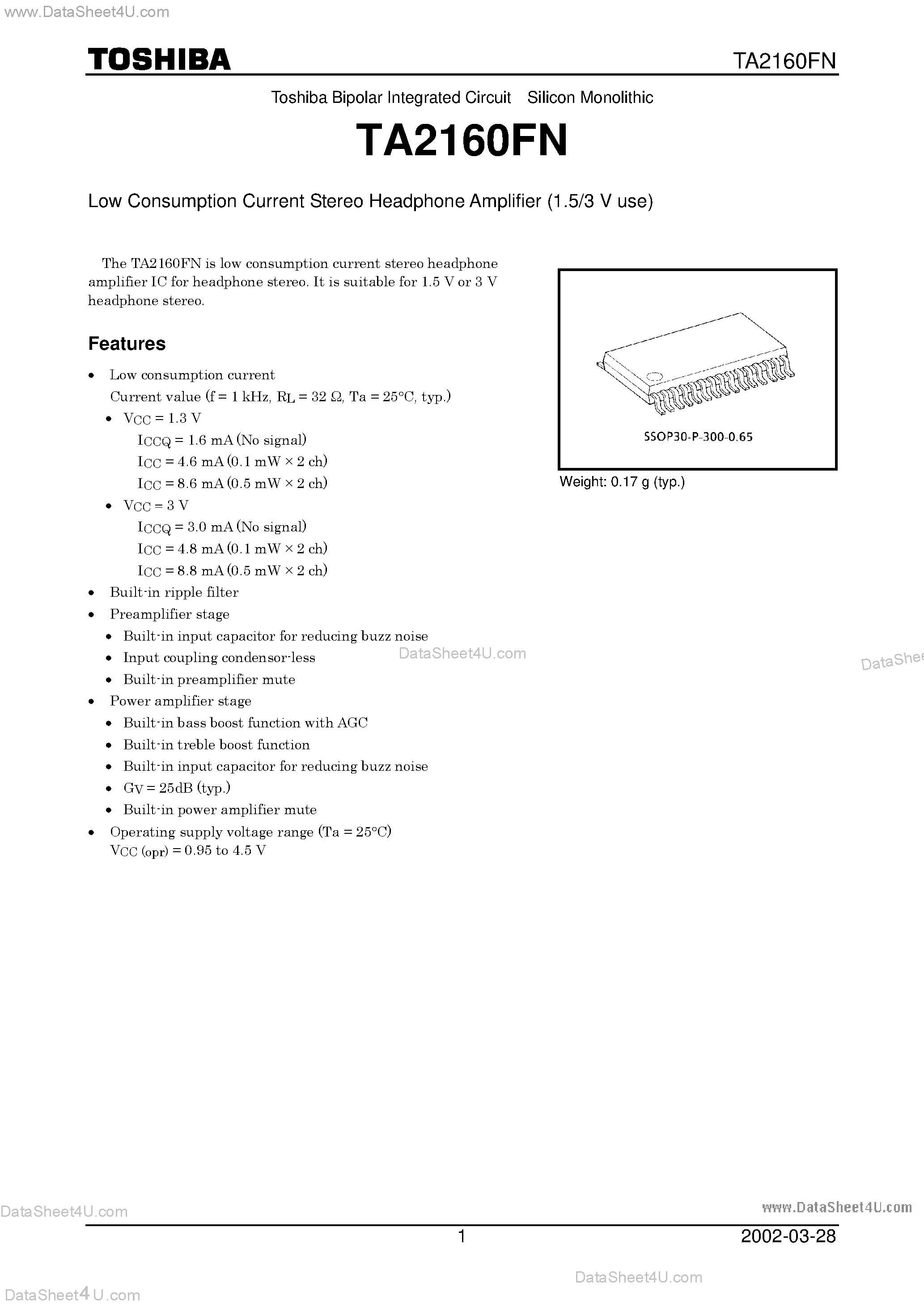 Даташит MA6160FN - Low Consumption Current Stereo Headphone Amplifier страница 1