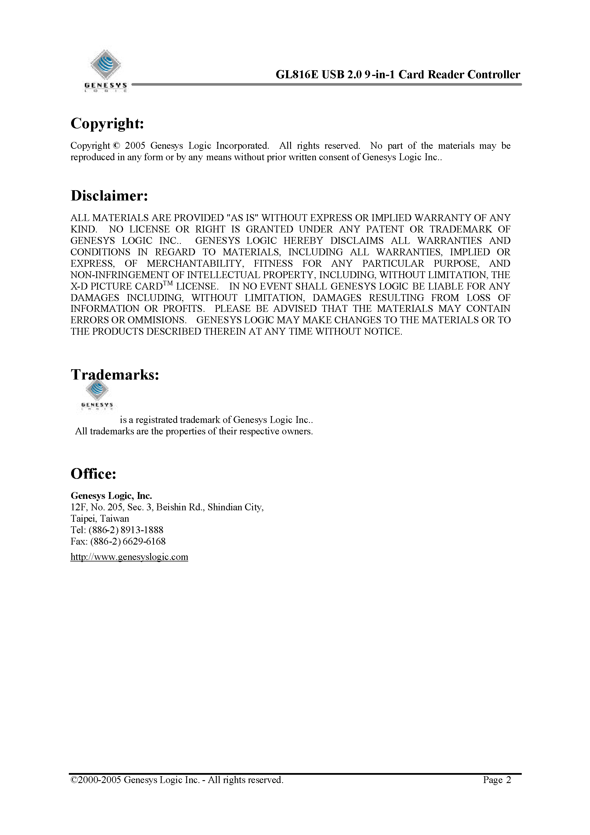 Даташит GL816E - USB 2.0 9-in1 Card Reader Controller страница 2