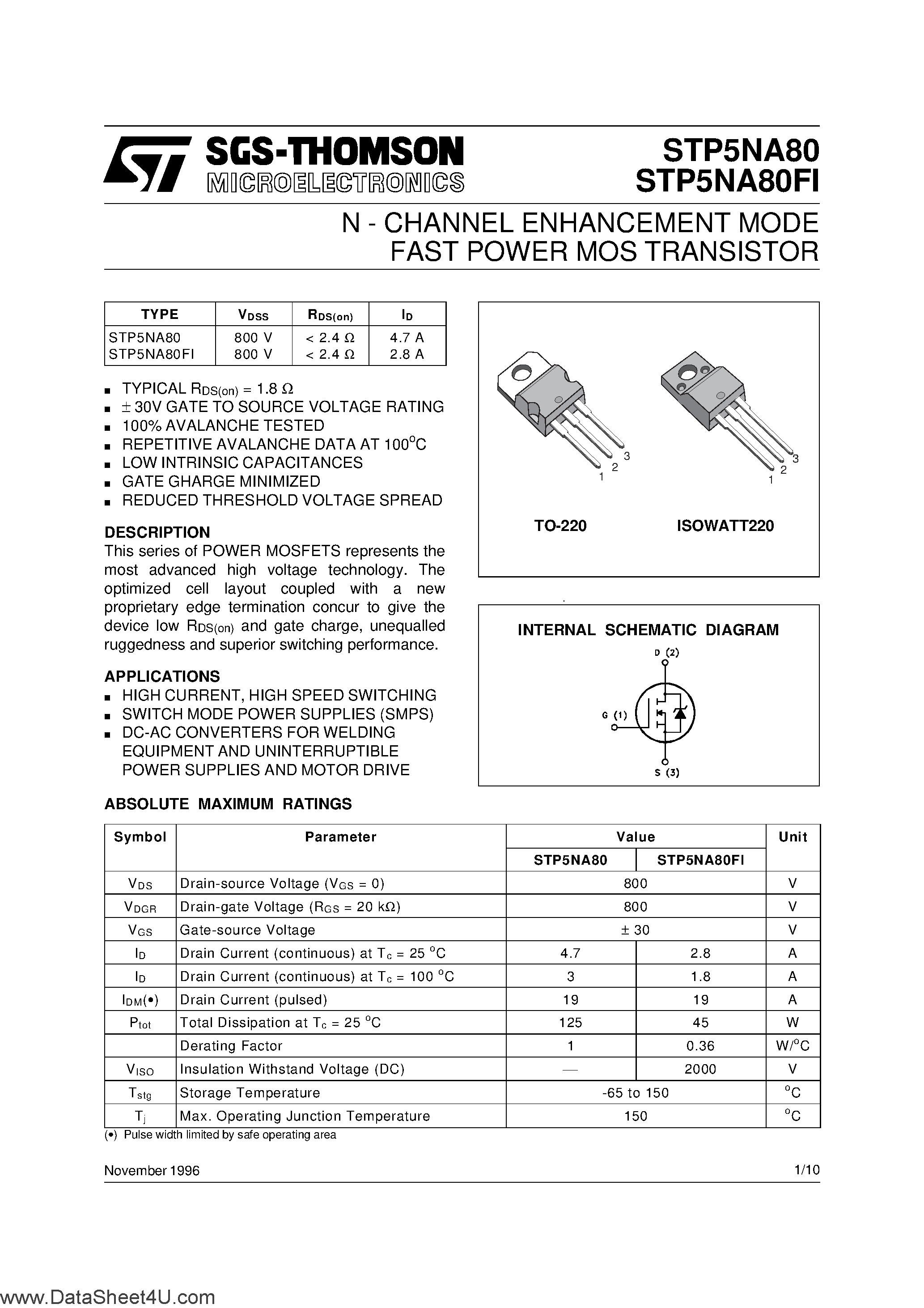 Datasheet P5NA80FI - Search -----> STSTP5NA80FI page 1