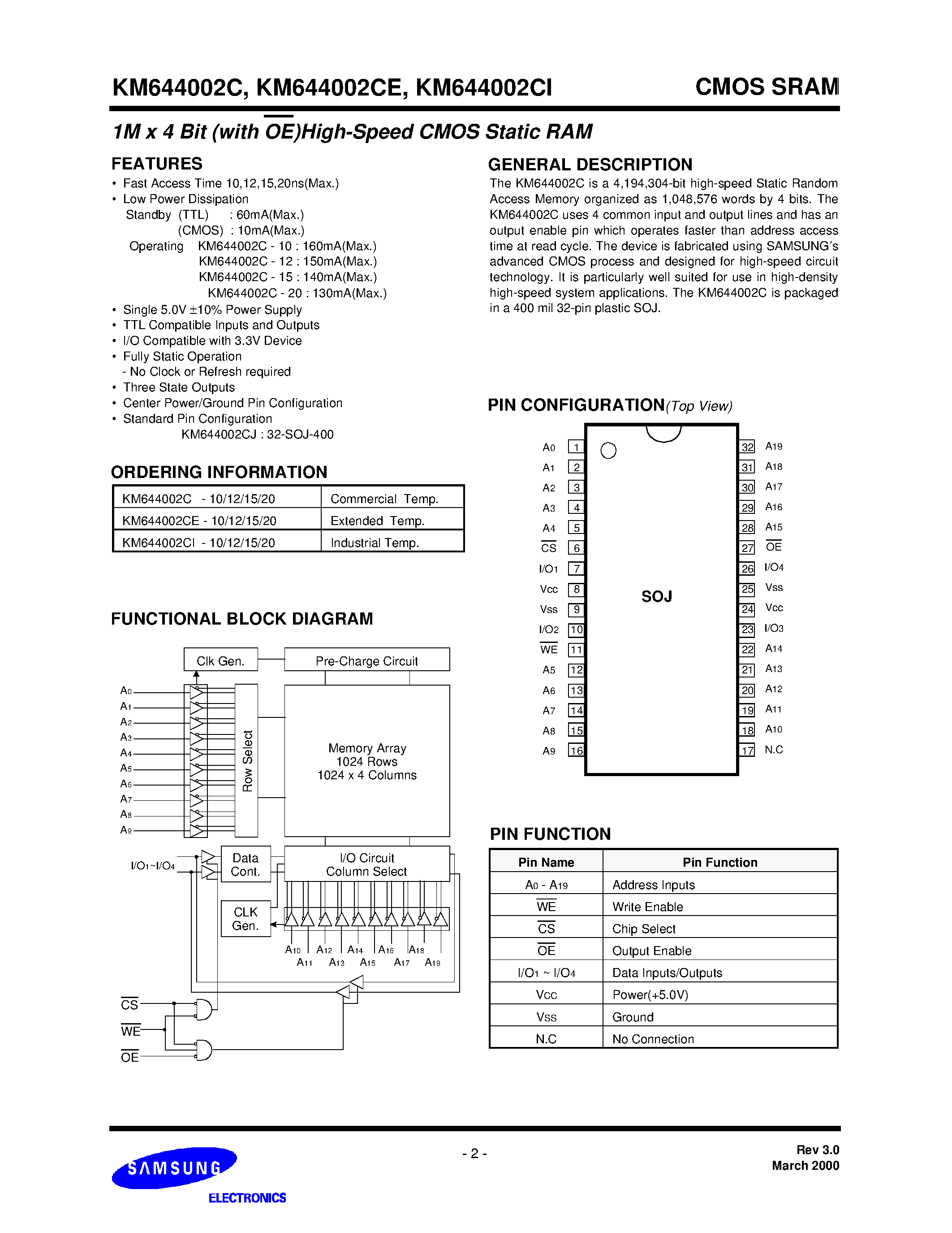 Datasheet KM644002C page 2 Datasheet KM644002C - 1M X 4 Bit (with Oe)high Speed CMOS Static RAM page 2