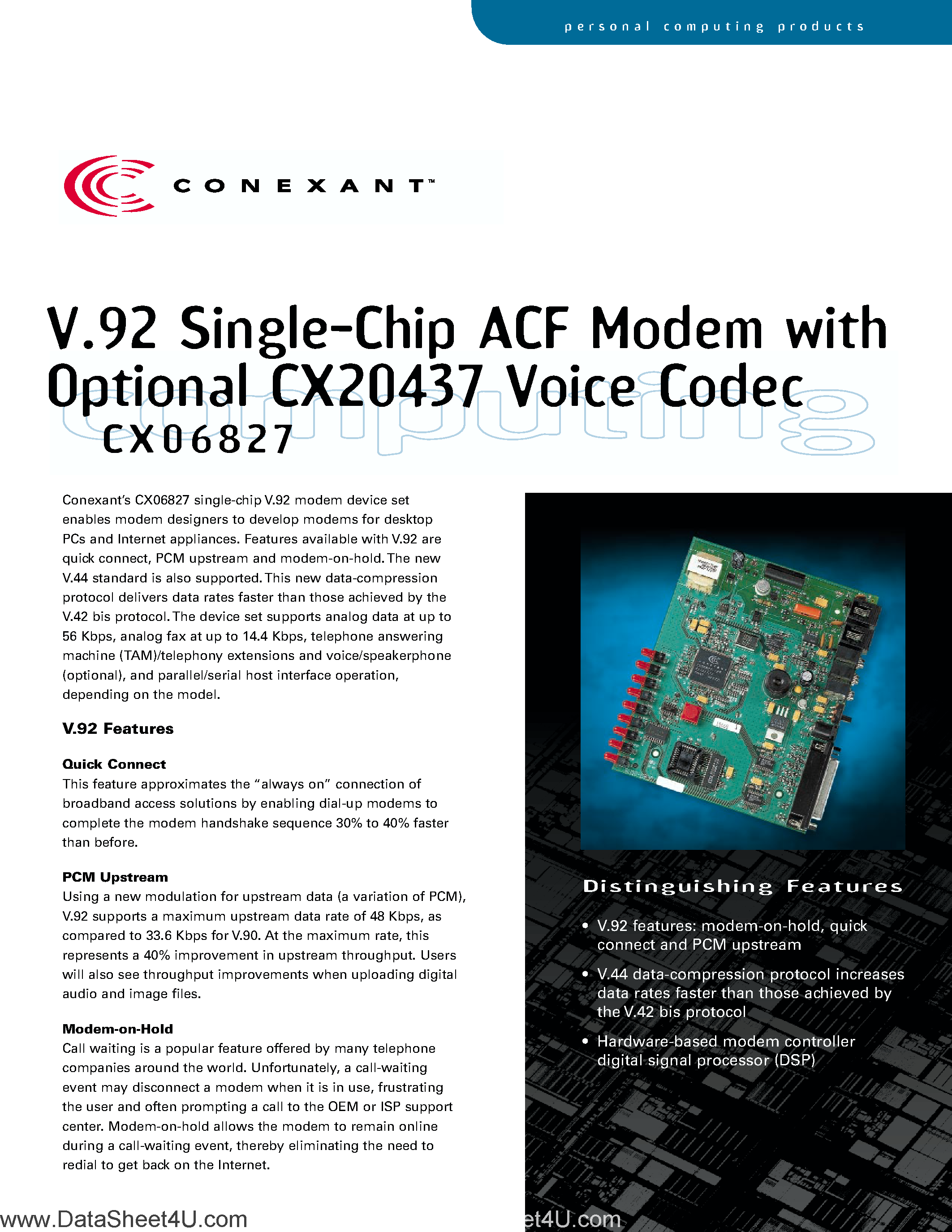 Даташит CX06827 - SCXXD V.92 / V.34 / V.32 Data Modem Device With Discrete Daa / External ROM/ram страница 1