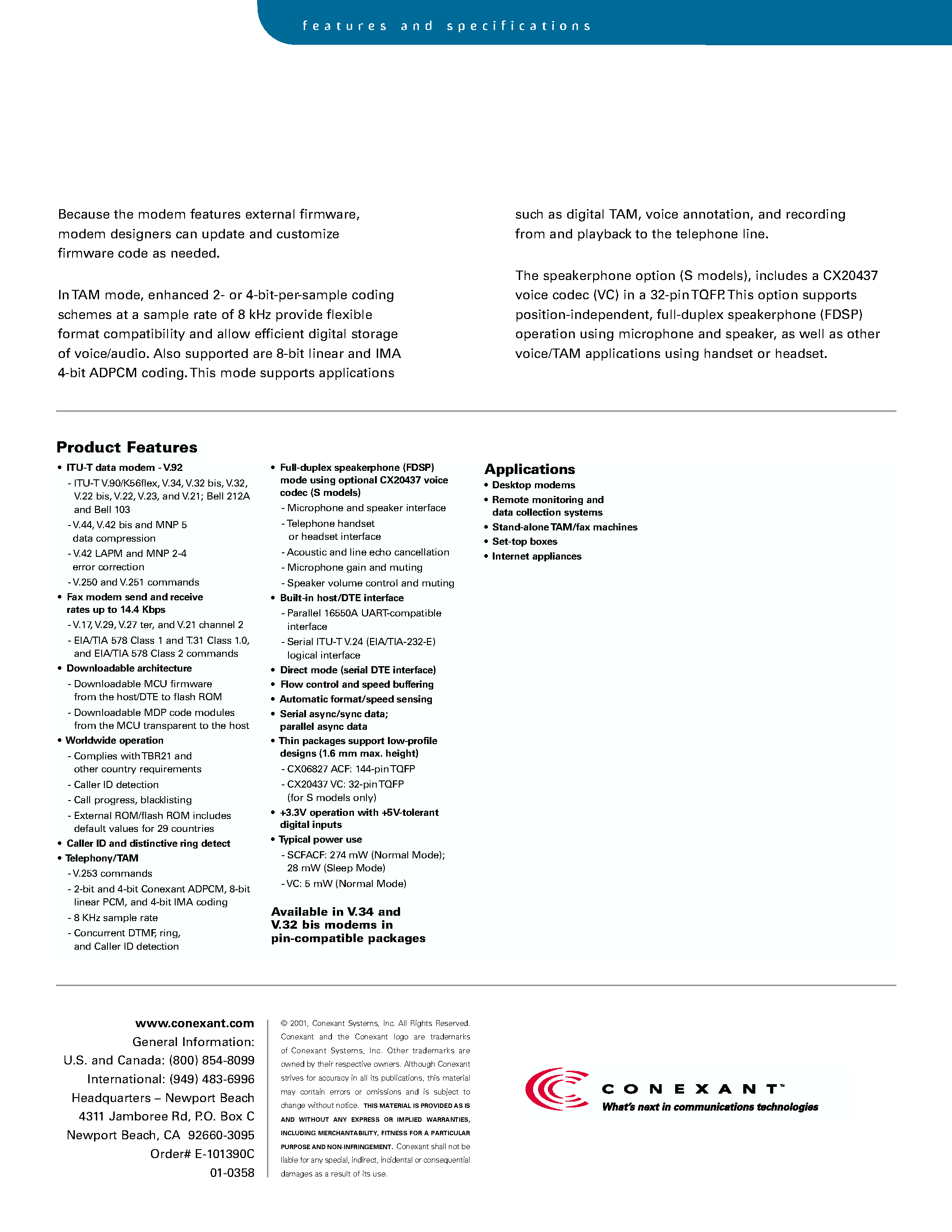 Даташит CX06827 - SCXXD V.92 / V.34 / V.32 Data Modem Device With Discrete Daa / External ROM/ram страница 2