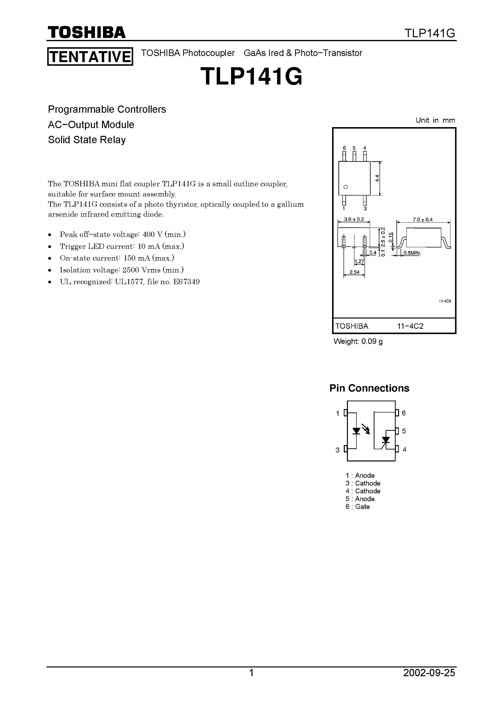 Datasheet TLP141G page 1 Datasheet TLP141G - Programmable Controllers AC-Output Module Soild State Relay page 1