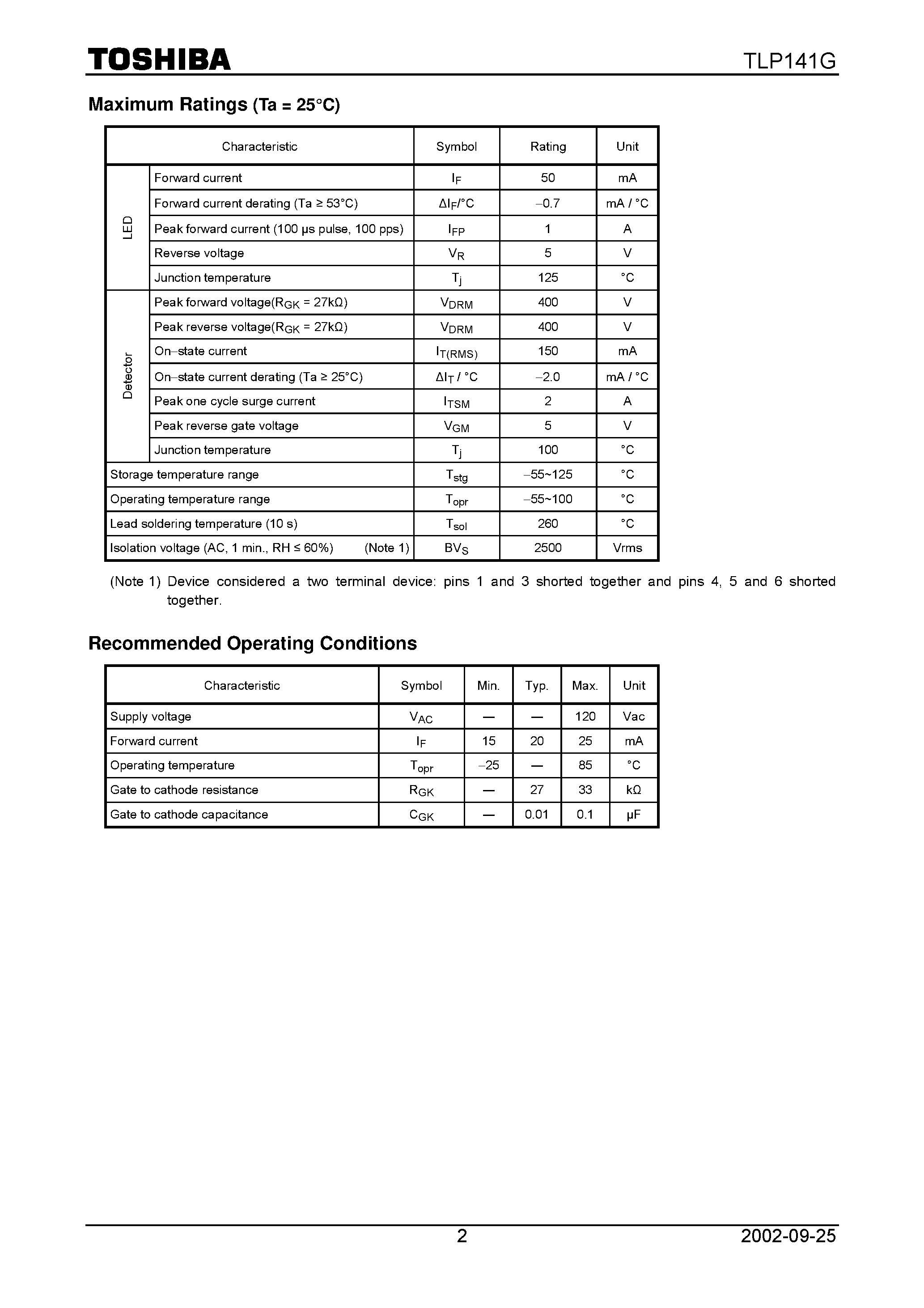 Datasheet TLP141G page 2 Datasheet TLP141G - Programmable Controllers AC-Output Module Soild State Relay page 2