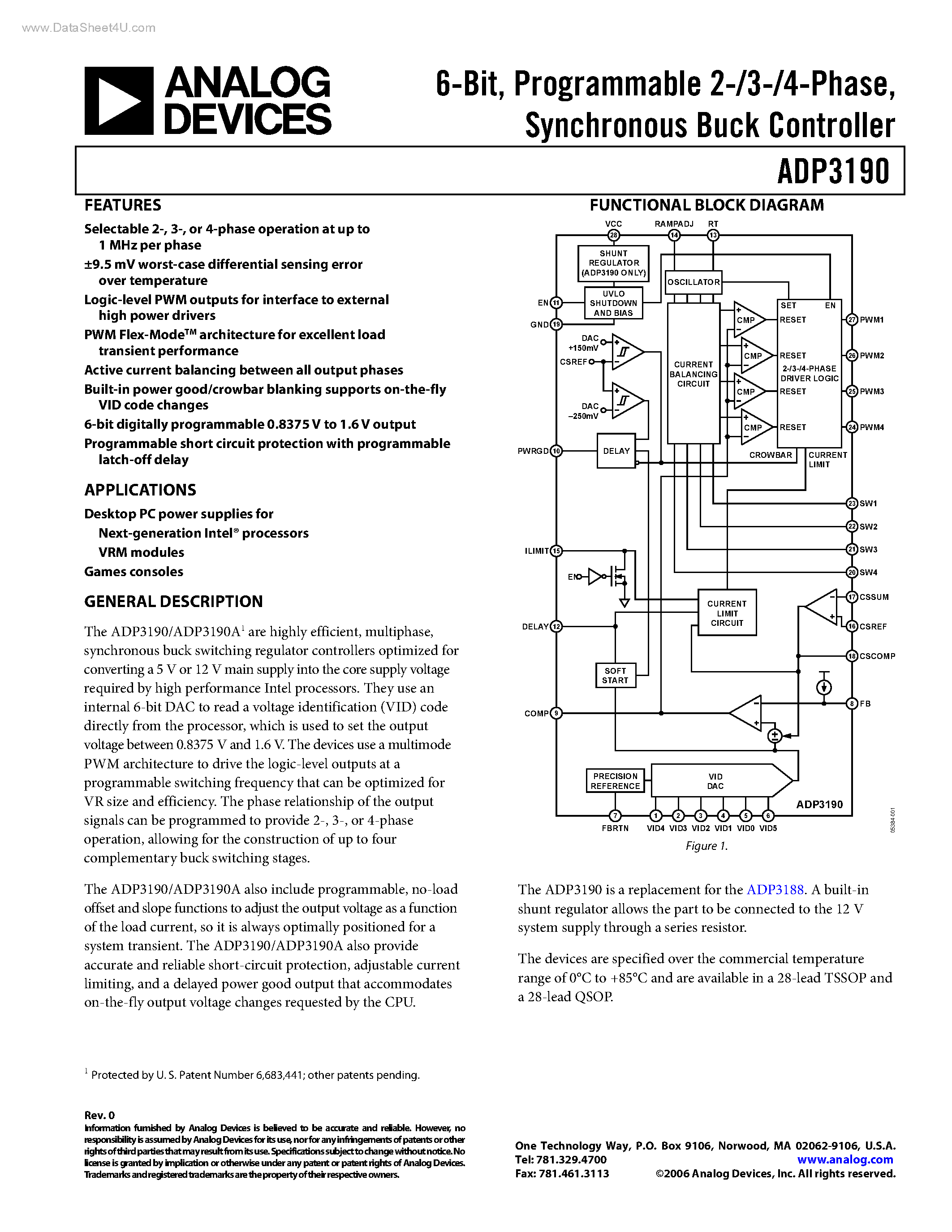 Datasheet ADP3190 - 6-Bit Programmable 2/3/4-Phase Synchronous Buck Controller page 1