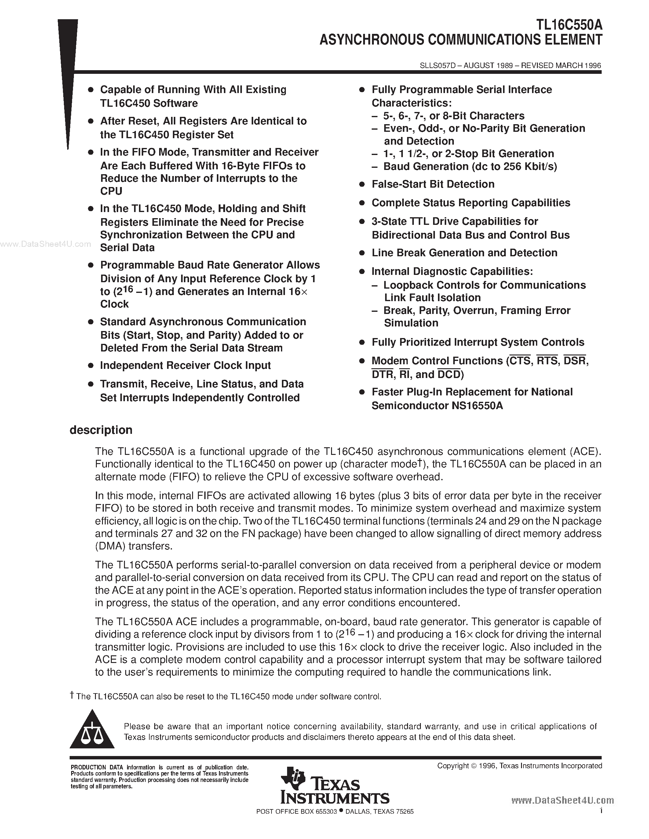 Datasheet 16C550 page 1 Datasheet 16C550 - Search -----> TL16C550 / SC16C550 page 1