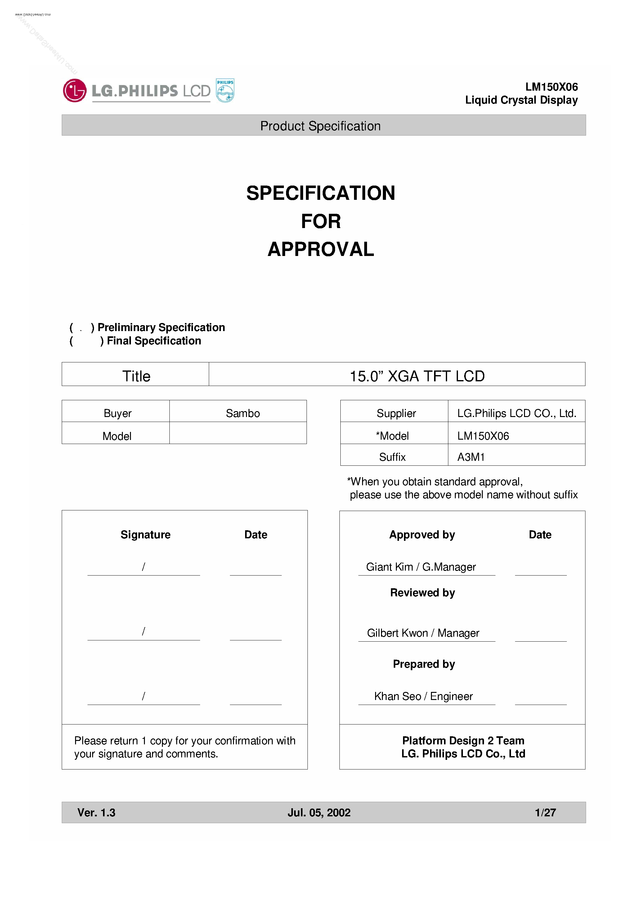 Даташит LM150X06 - COLOR ACTIVE MATRIX LIQUID CRYSTAL DISPLAY страница 1