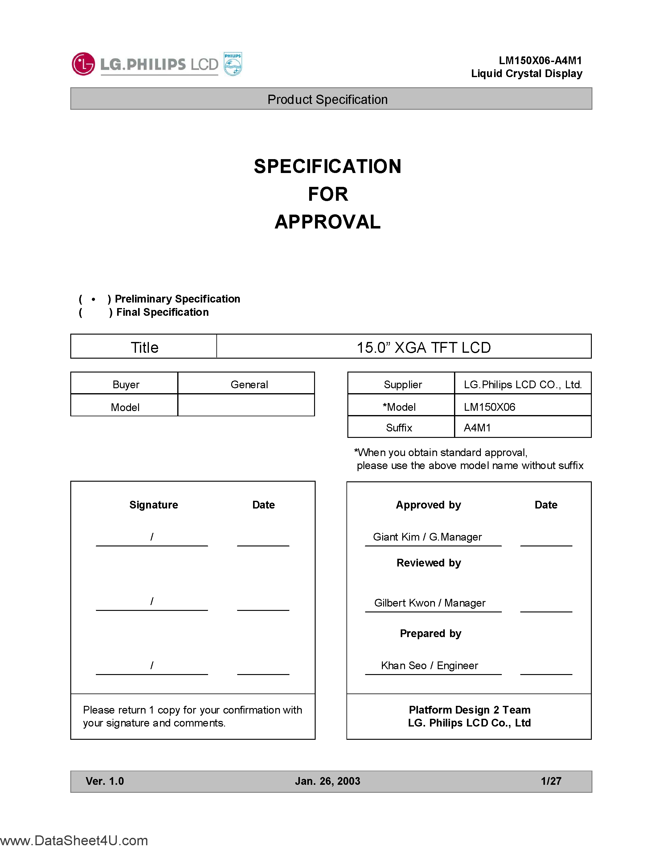 Даташит LM150X06-A4M1 - COLOR ACTIVE MATRIX LIQUID CRYSTAL DISPLAY страница 1