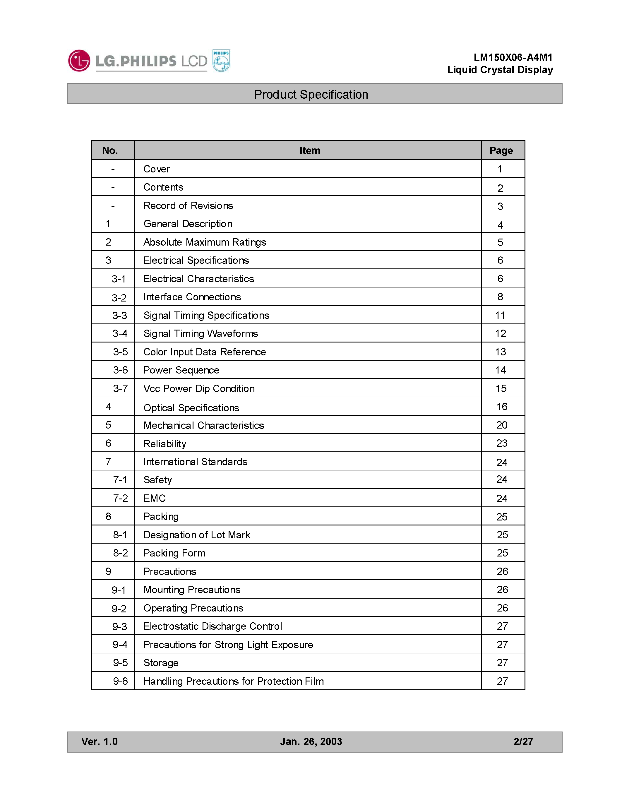 Даташит LM150X06-A4M1 - COLOR ACTIVE MATRIX LIQUID CRYSTAL DISPLAY страница 2