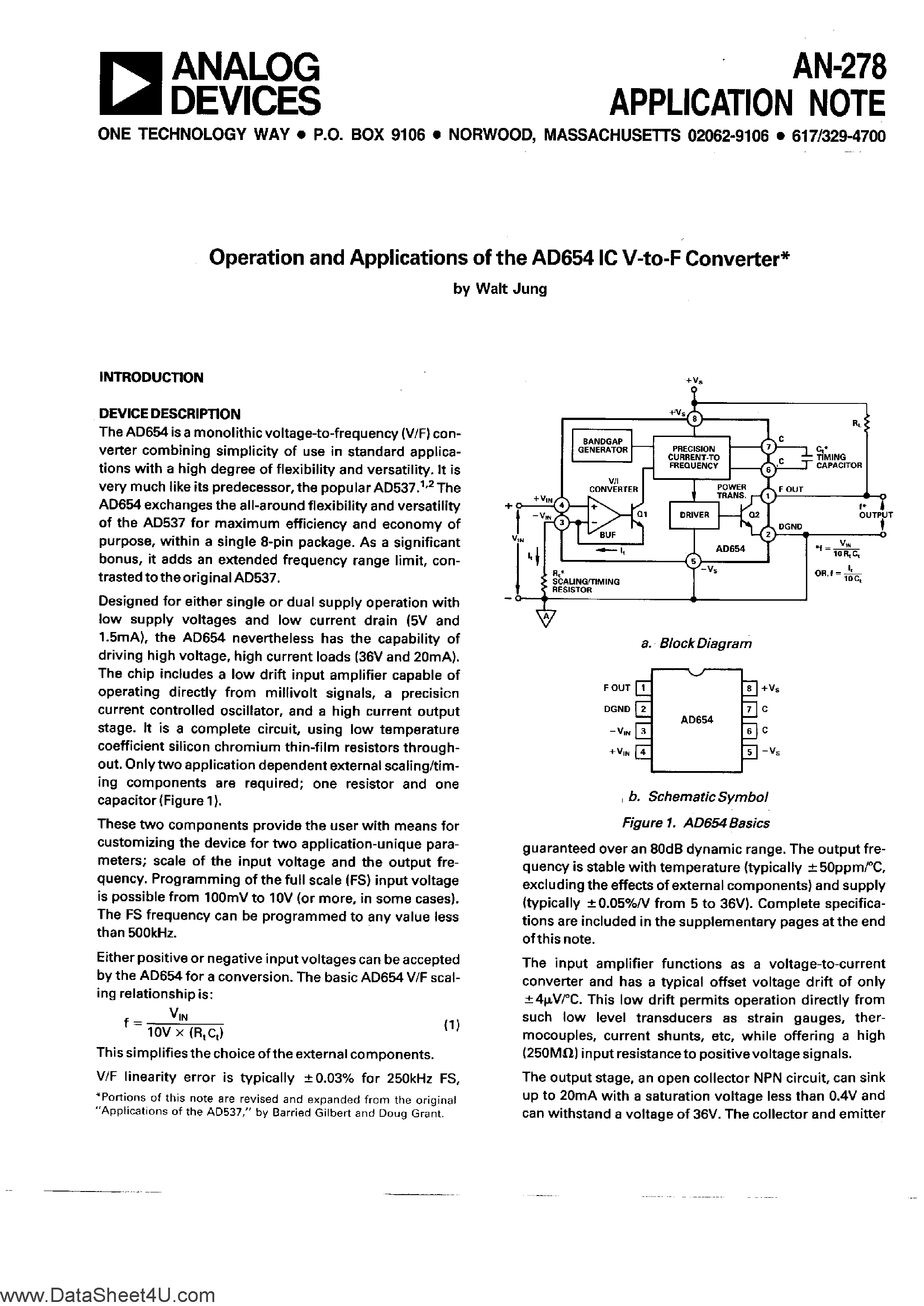 Datasheet AN-278 - Operation and Applications of the AD654 IC V to F Converter page 1