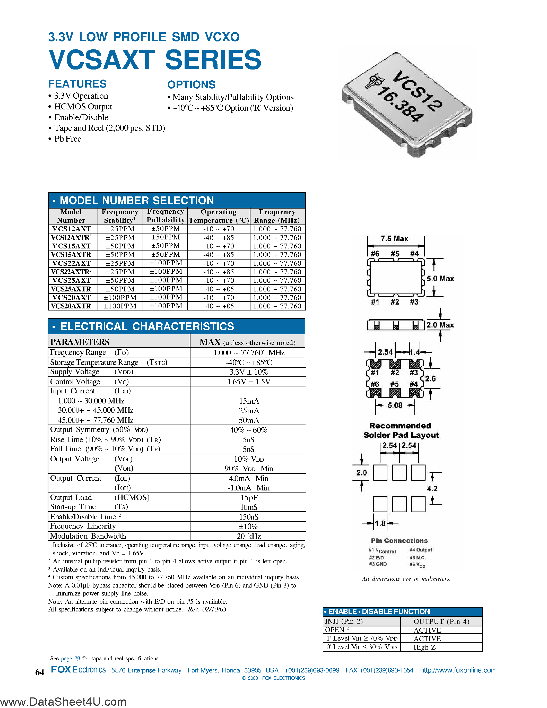 Datasheet VCS12AXT - (VCSAXT Series) 3.3V 7.5 X 5mm Hcmos Ceramic SMD page 1