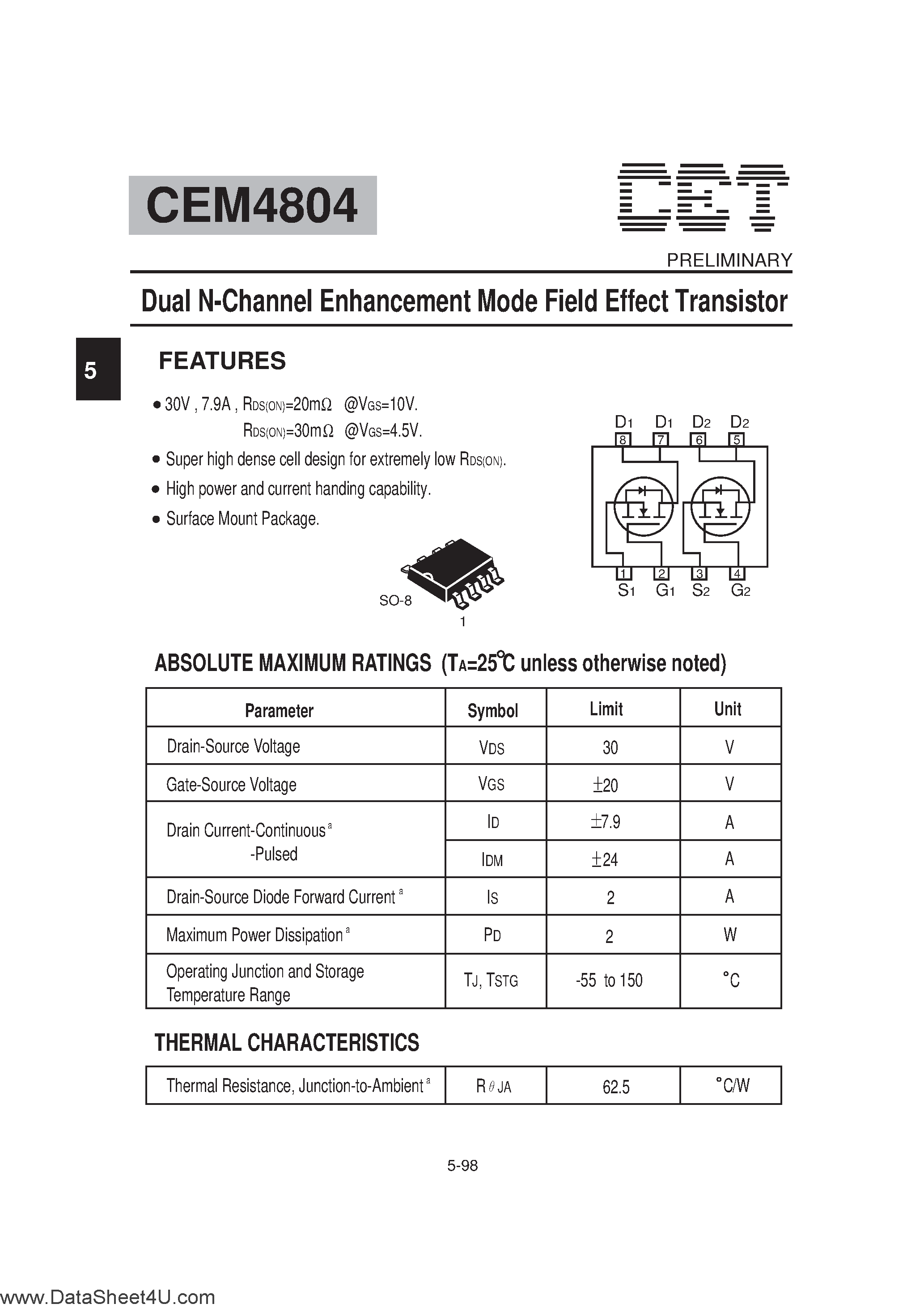Datasheet CEM4804 - Dual N-Channel Enhancement Mode Field Effect Transistor page 1