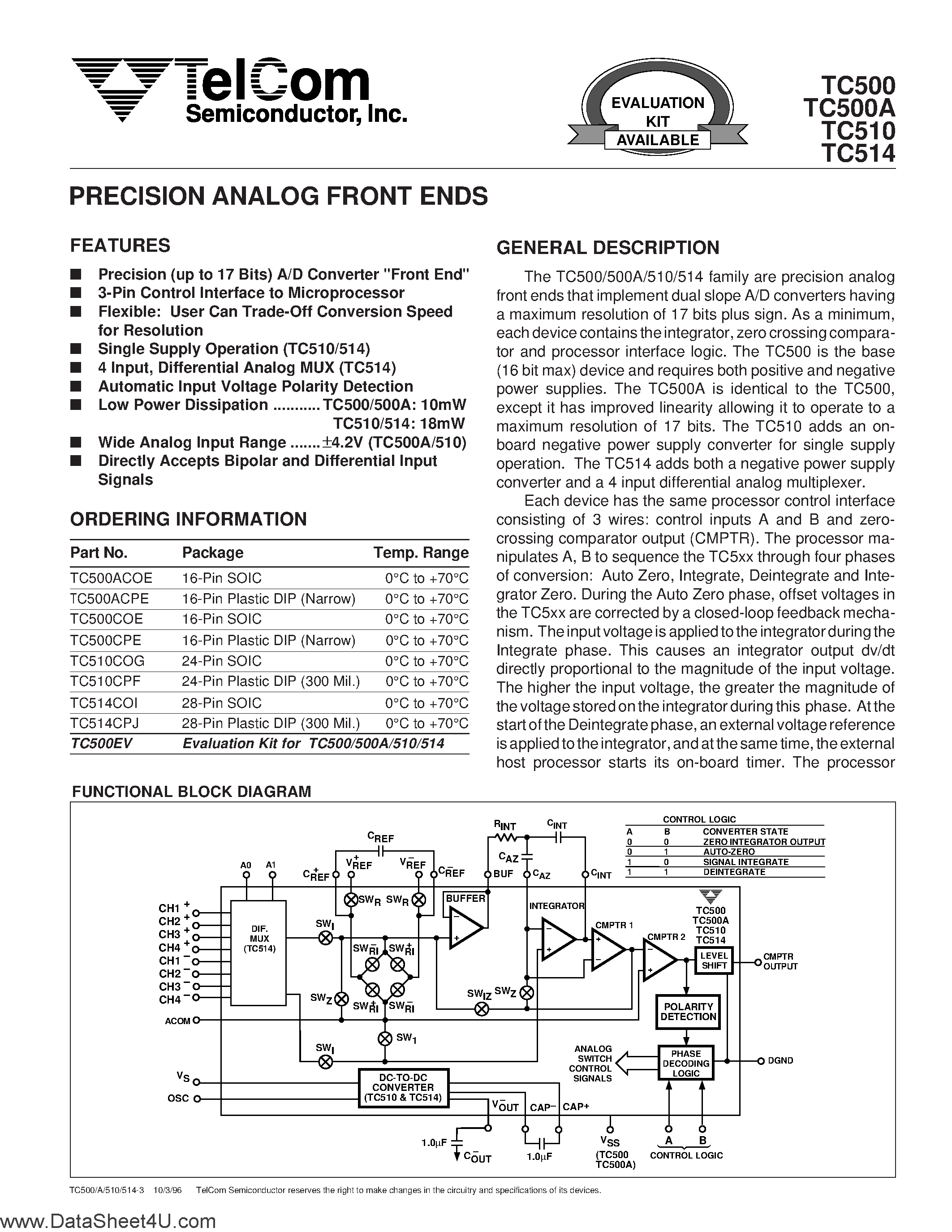 Datasheet TC500 page 1 Datasheet TC500 - (TC5xx) PRECISION ANALOG FRONT ENDS page 1