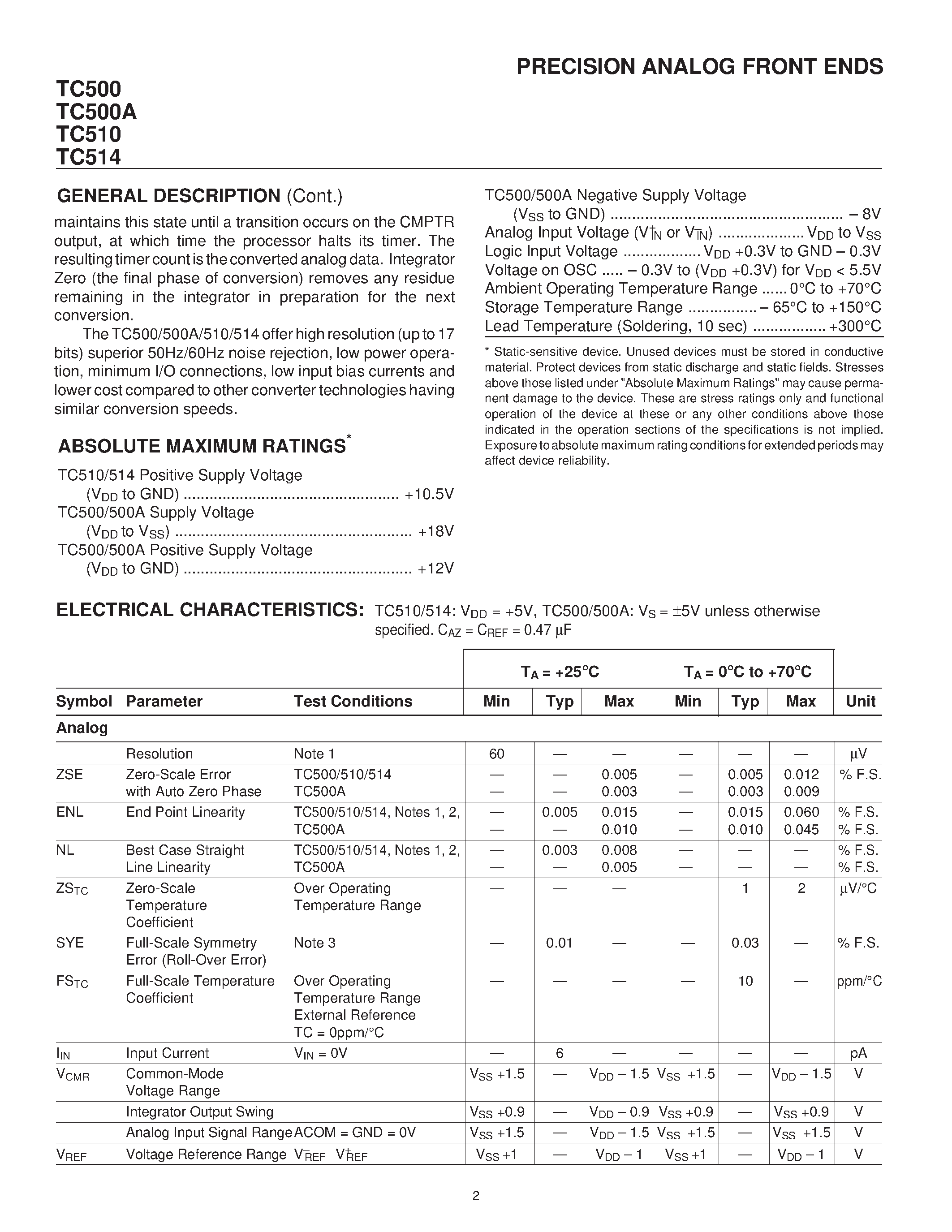 Datasheet TC500 page 2 Datasheet TC500 - (TC5xx) PRECISION ANALOG FRONT ENDS page 2